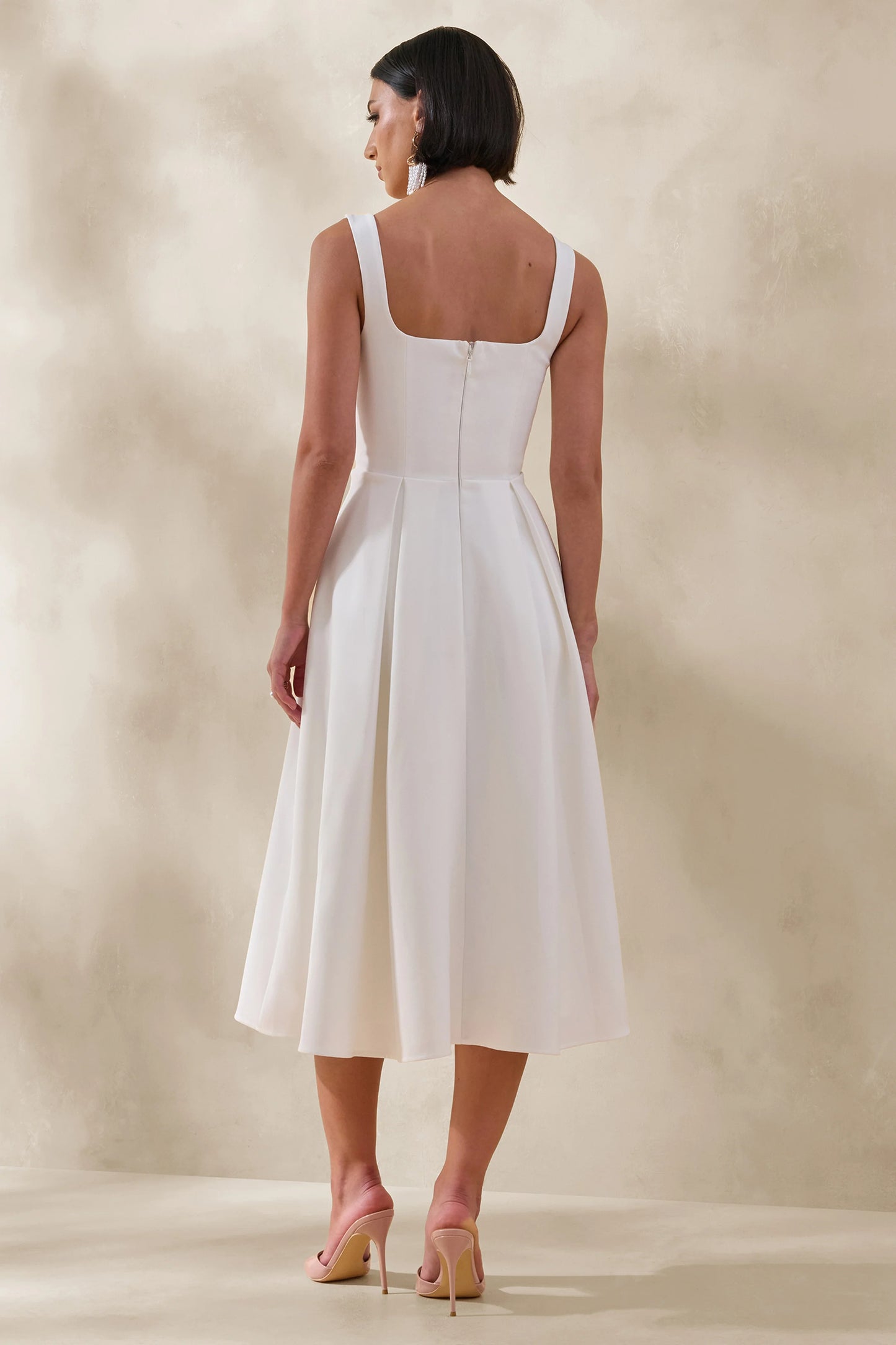 Maelle White Scoop-Neck Midi Dress With Corsage Detailing