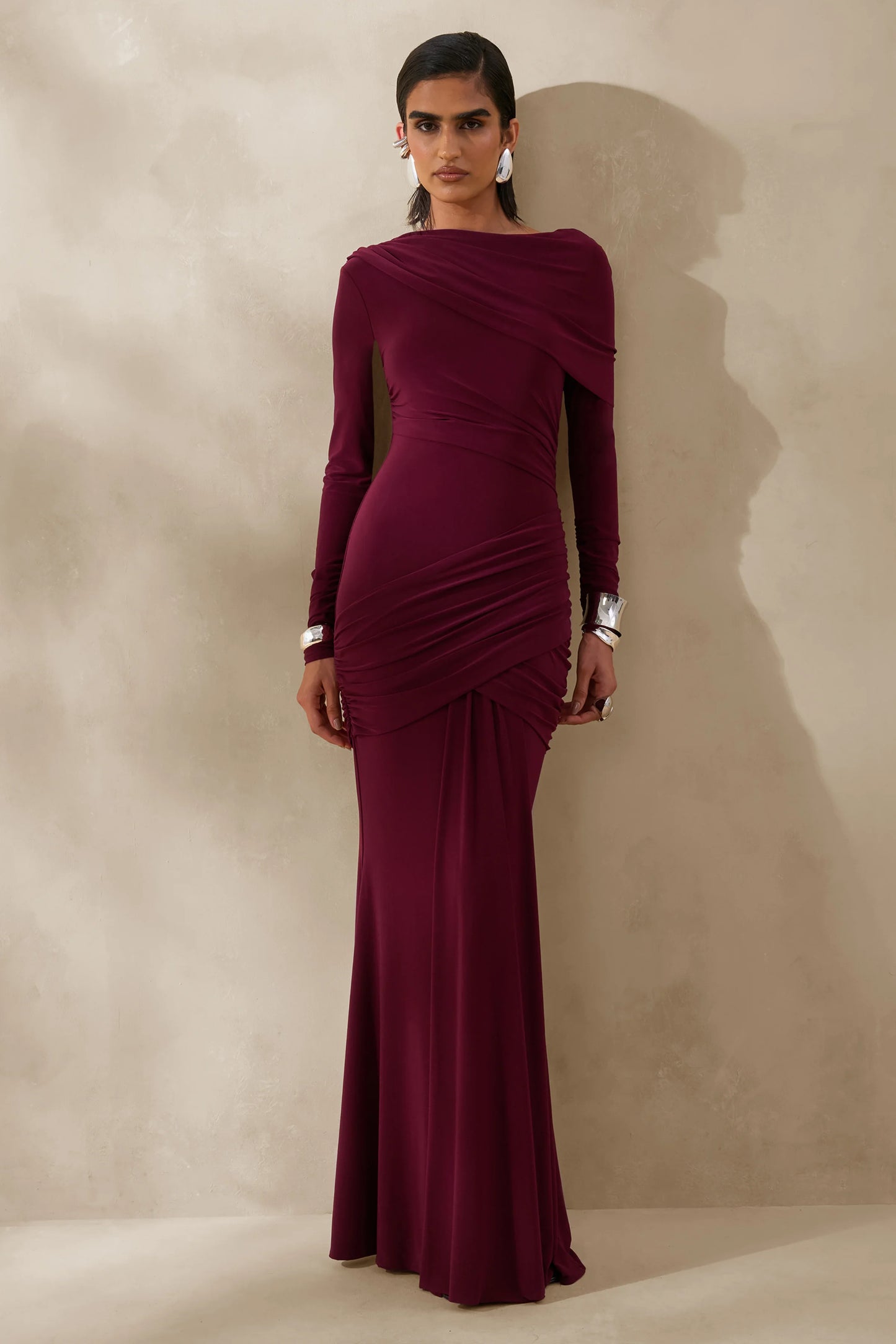 Kessara Burgundy Asymmetric-Neck Maxi Dress With Sash And Gathered-Detailing
