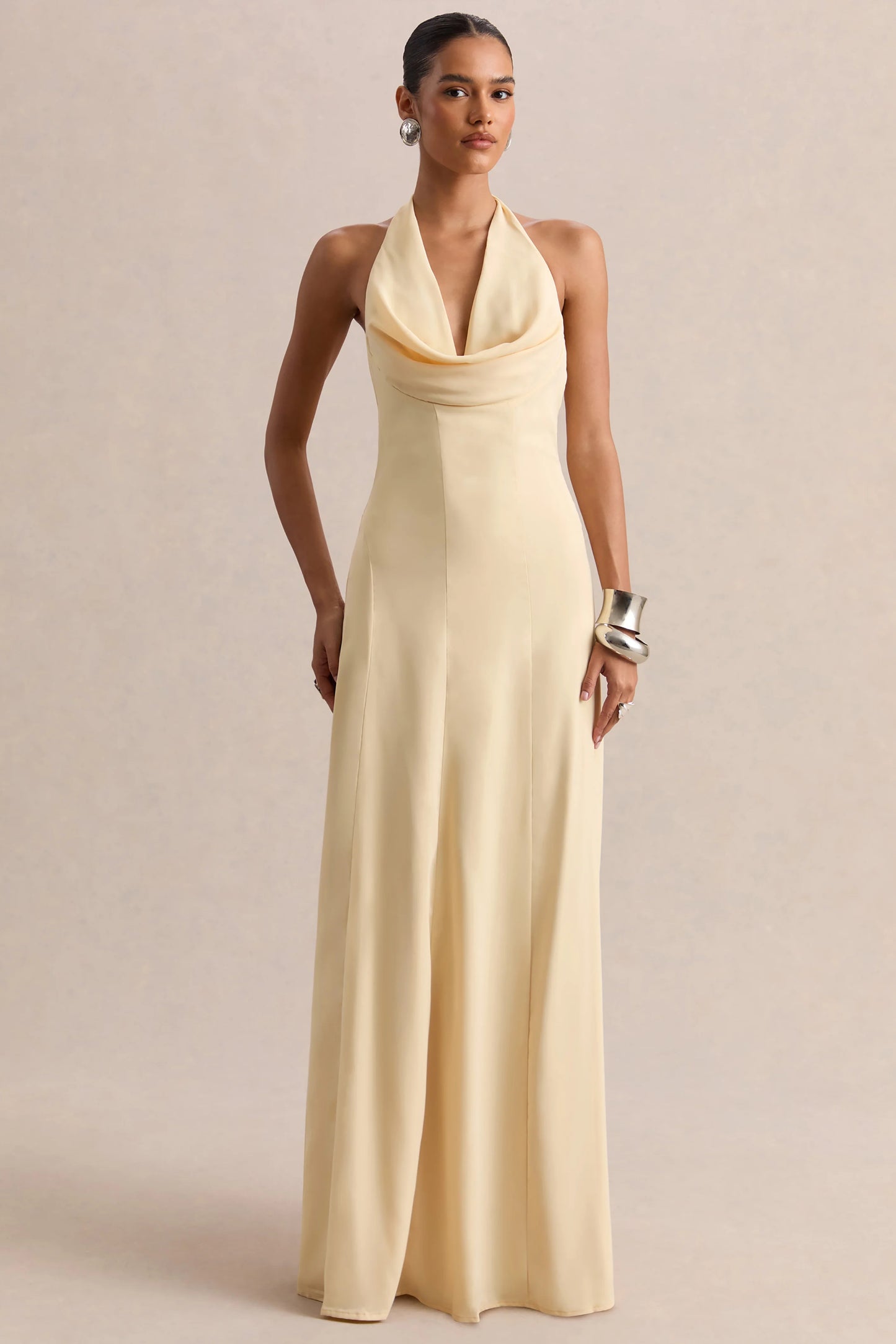 Undeniable Lemon Cowl-Neck Draped Maxi Dress