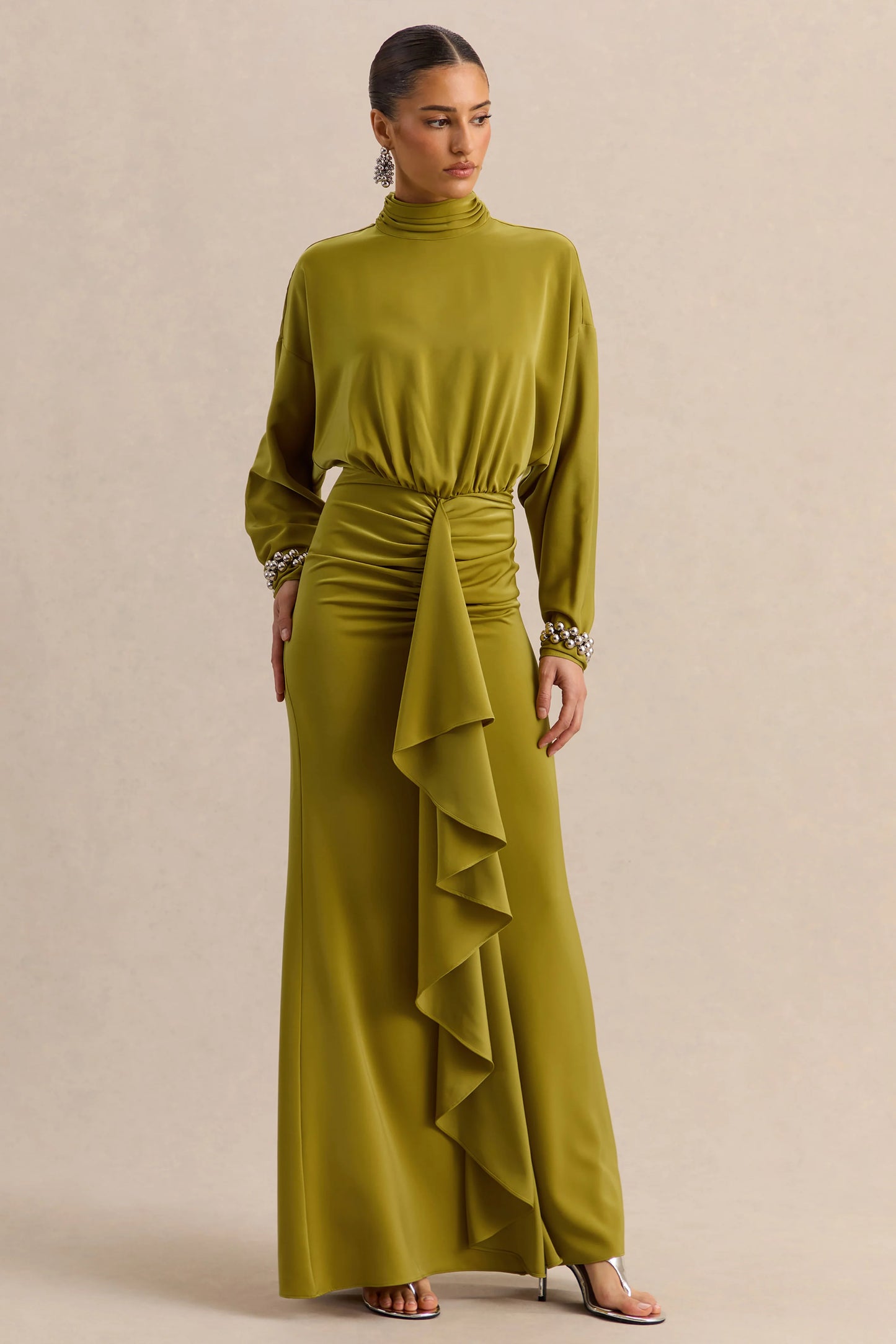 Perla Olive High-Neck Maxi Dress With Gathered-Detailing