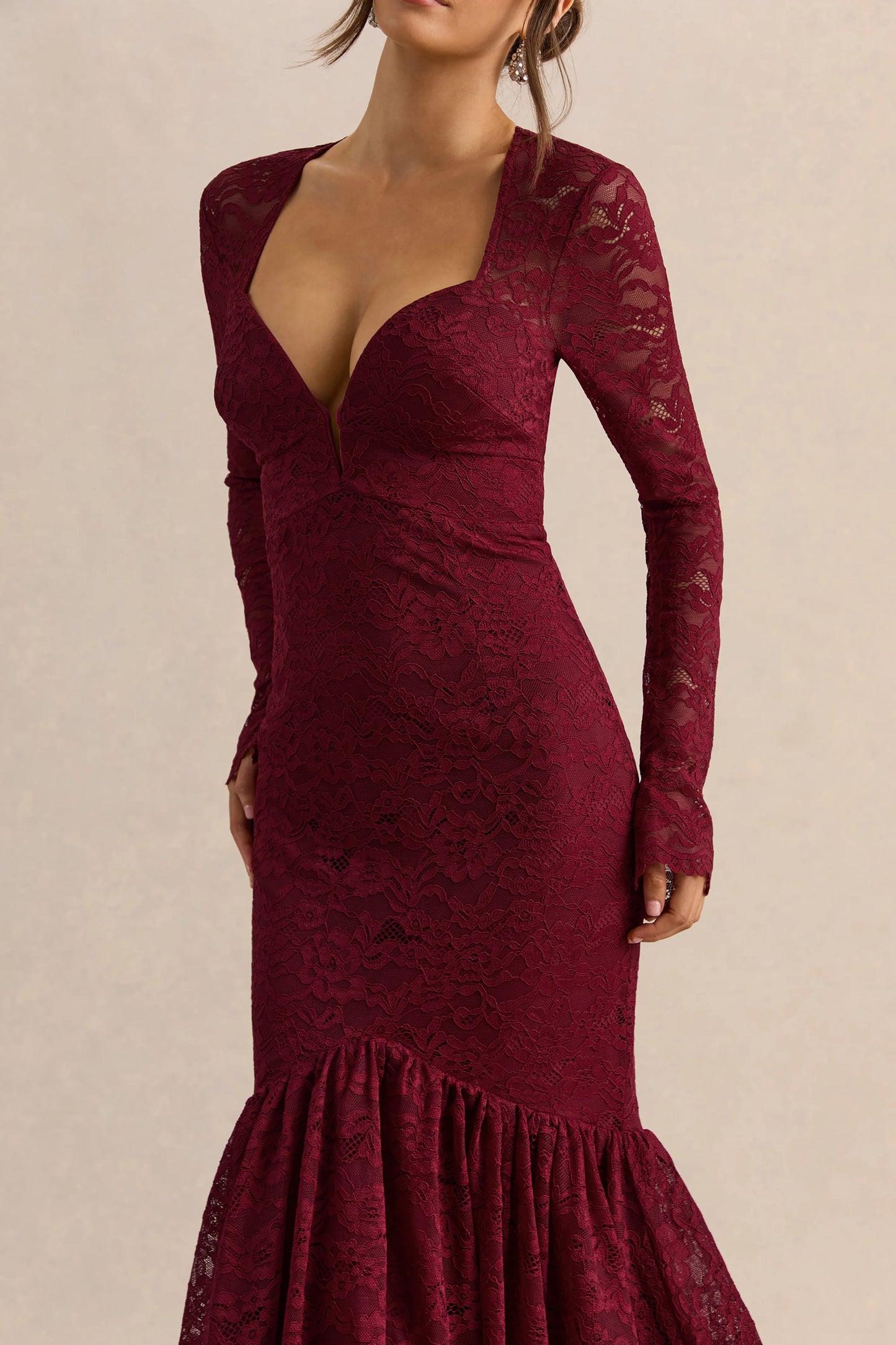 Camilly Burgundy Lace Plunge-Neck Mermaid Midi Dress