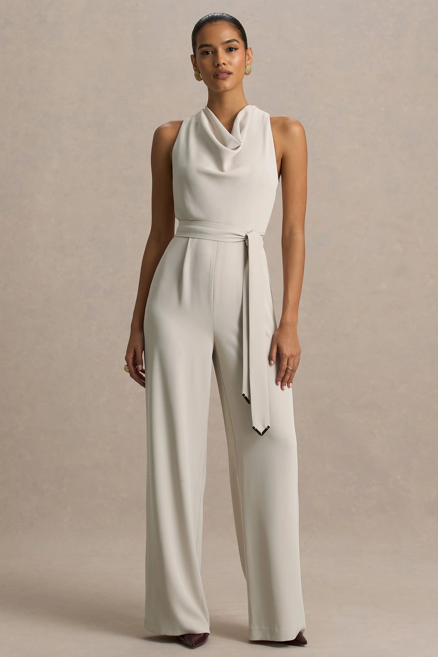 Corina Nude Cowl-Neck Jumpsuit With Tie-Detail