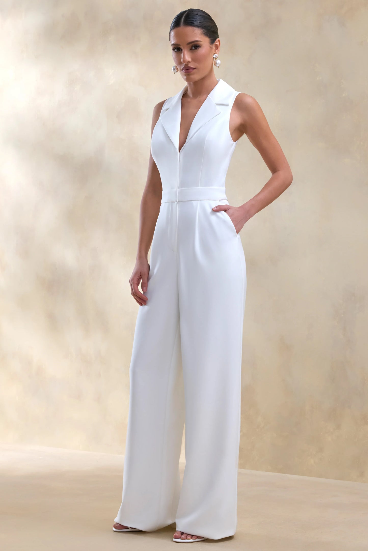 Brillora White Plunge-Neck Tailored Jumpsuit
