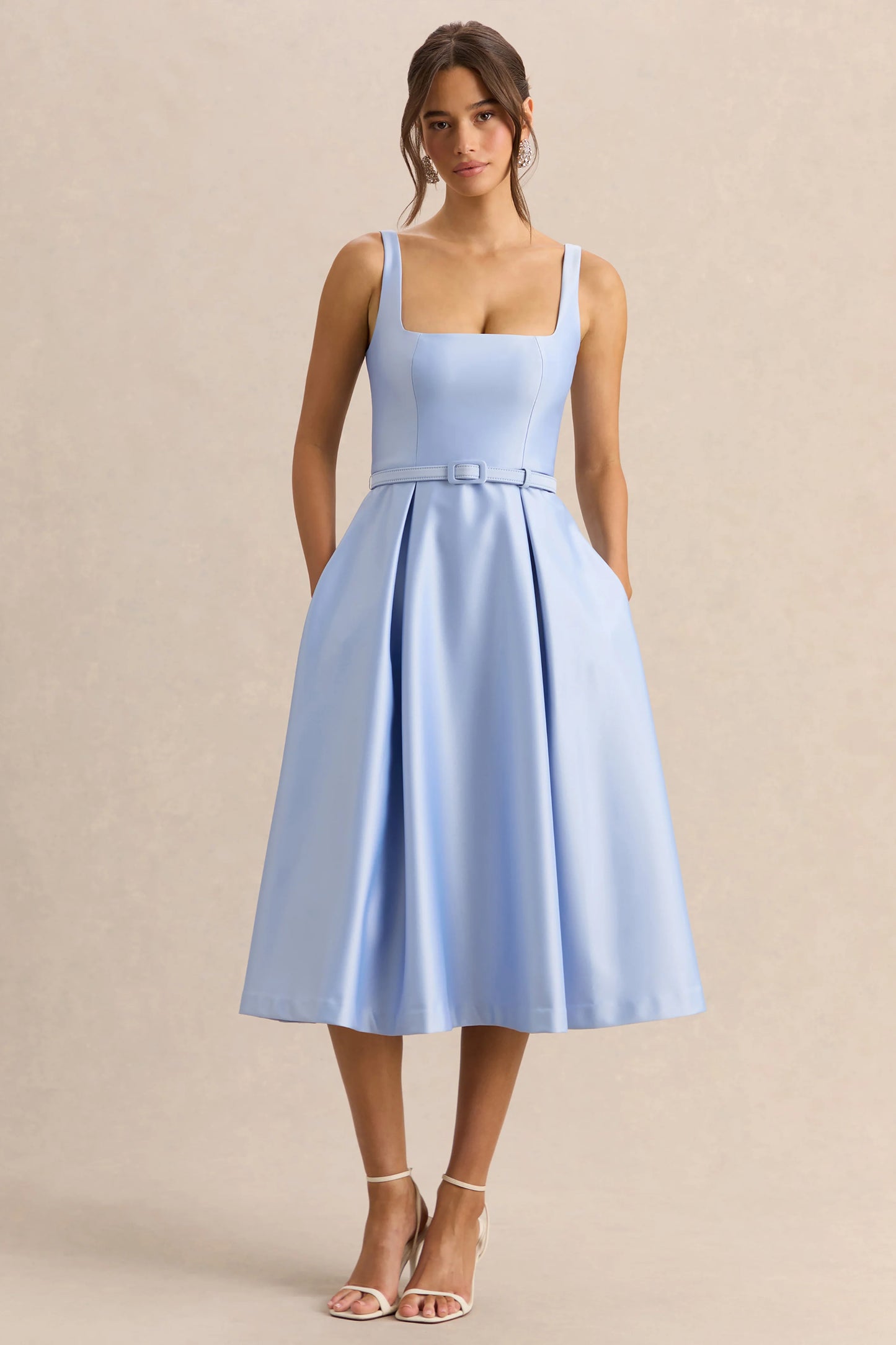 Crystaline Powder Blue Satin Square-Neck Midi Dress