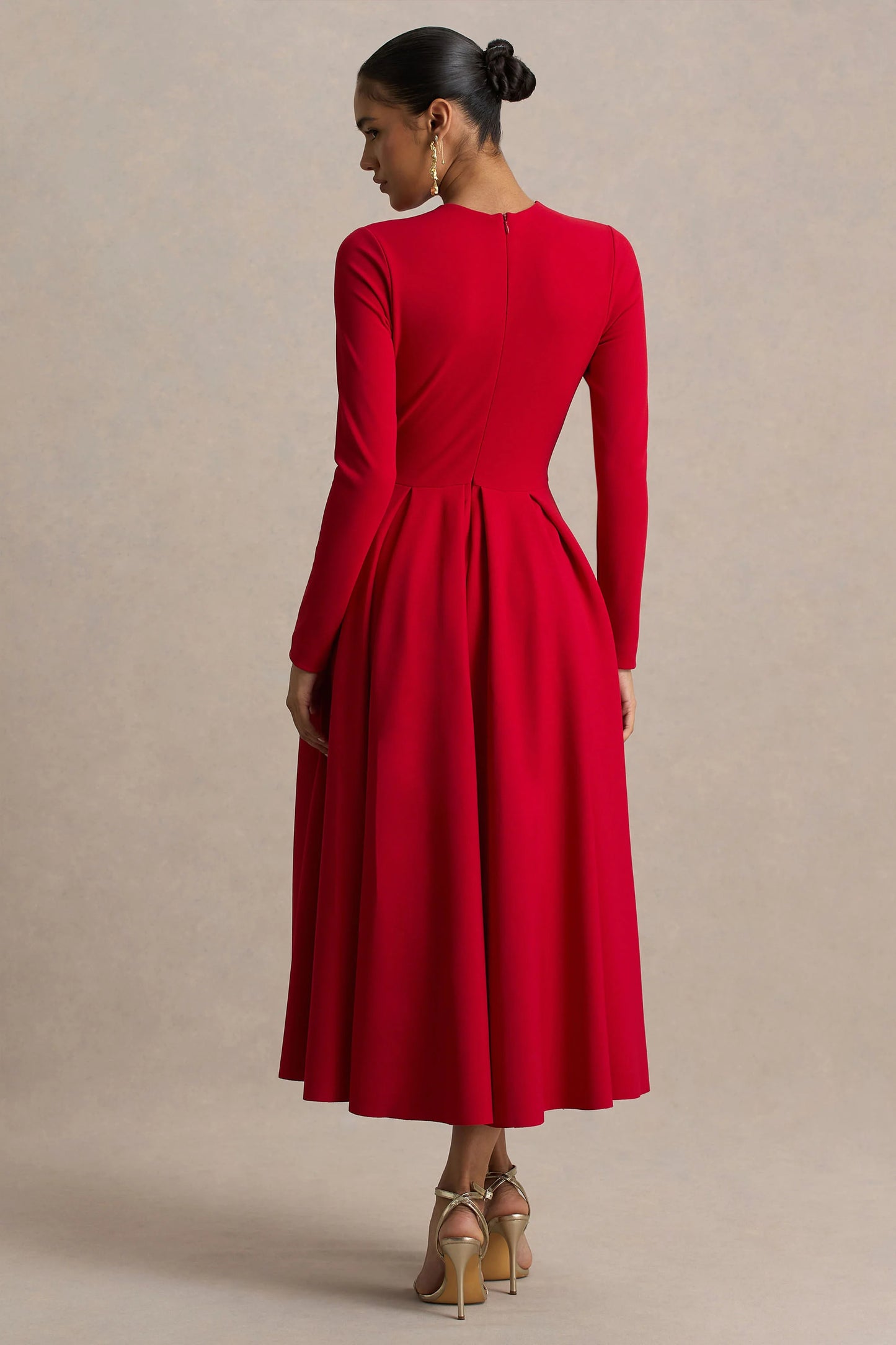 Bellamy Red Crew-Neck Long-Sleeve Midi Dress