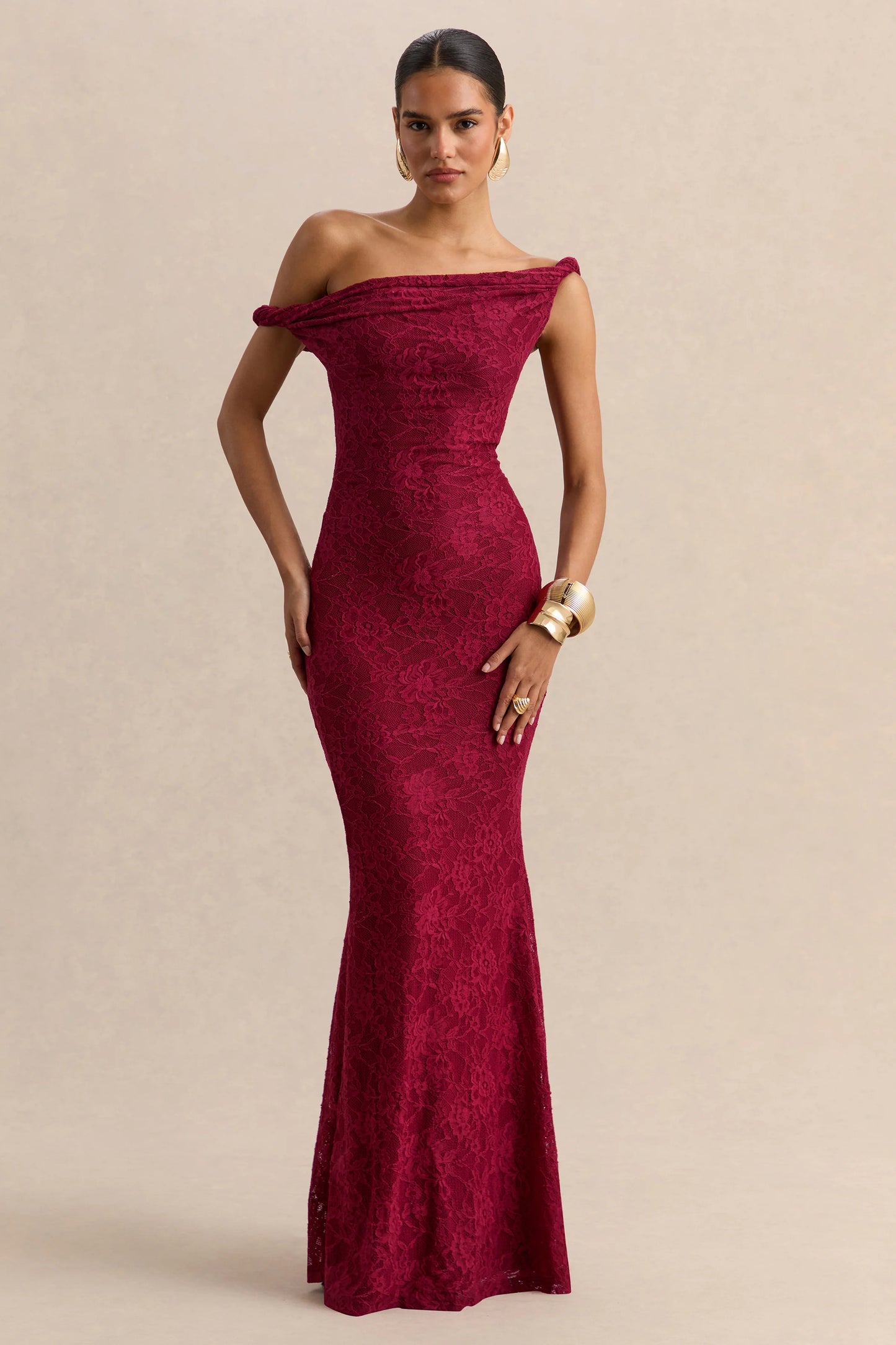 Afina Burgundy Lace Asymmetric-Neck Maxi Dress