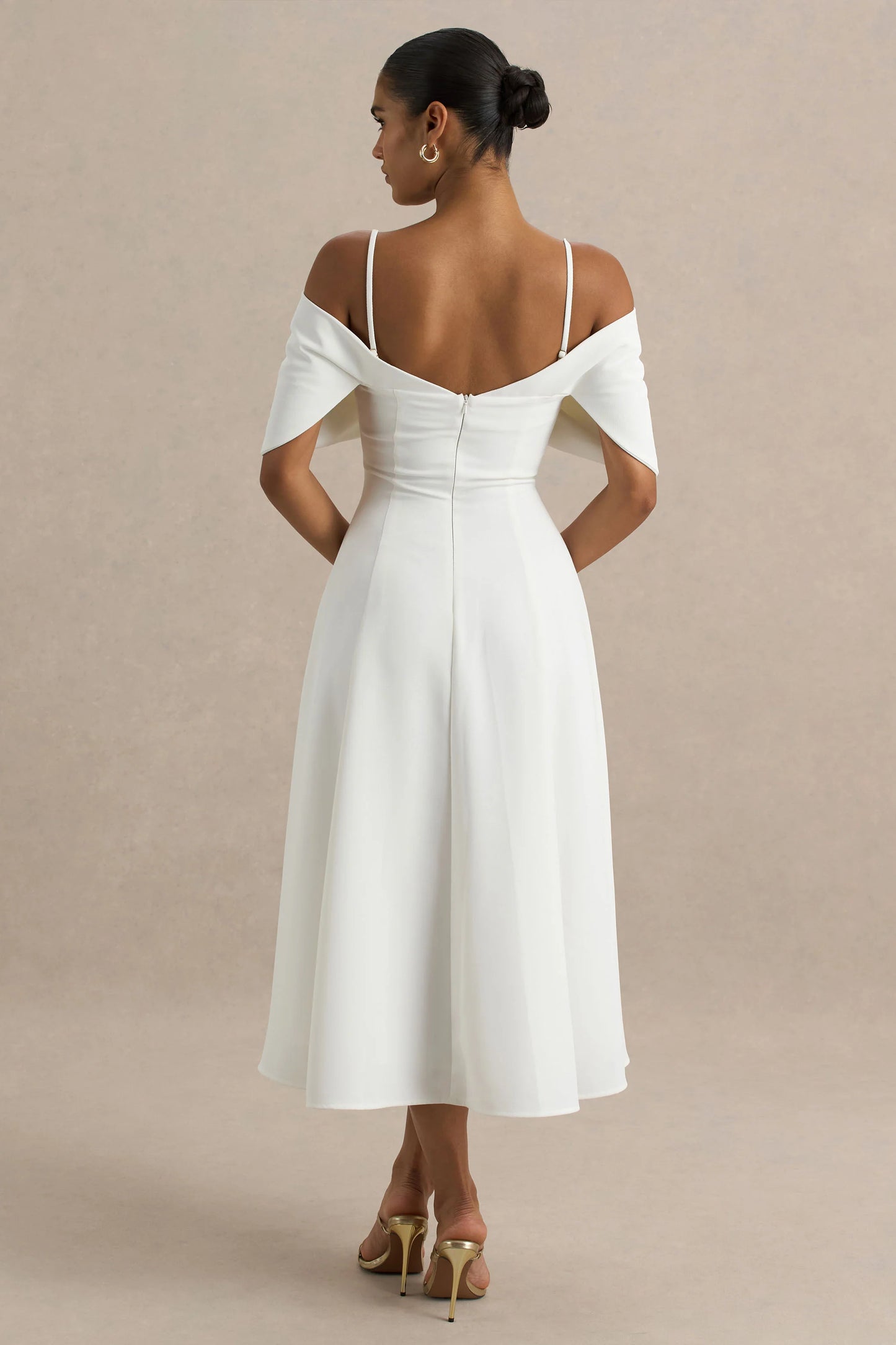 Hettie White Short-Sleeve Bardot Midi Dress With Bow Detail