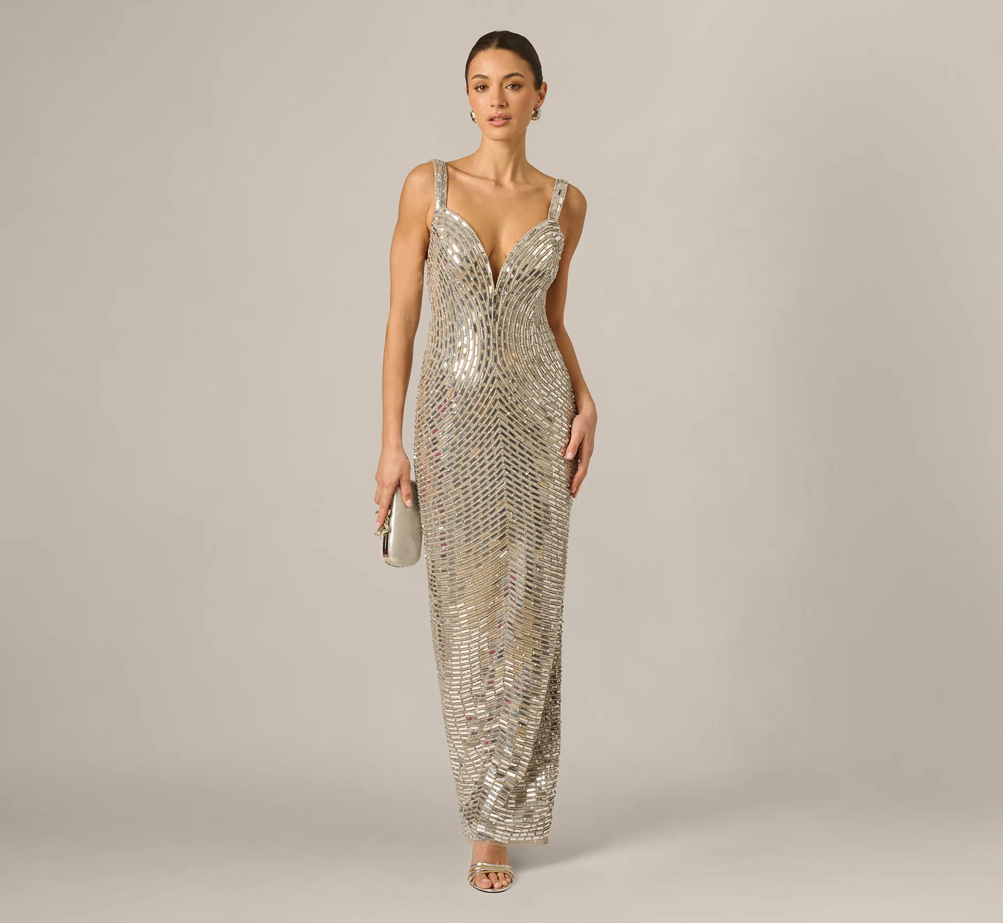Plunge Neck Mirror Beaded Gown In Silver