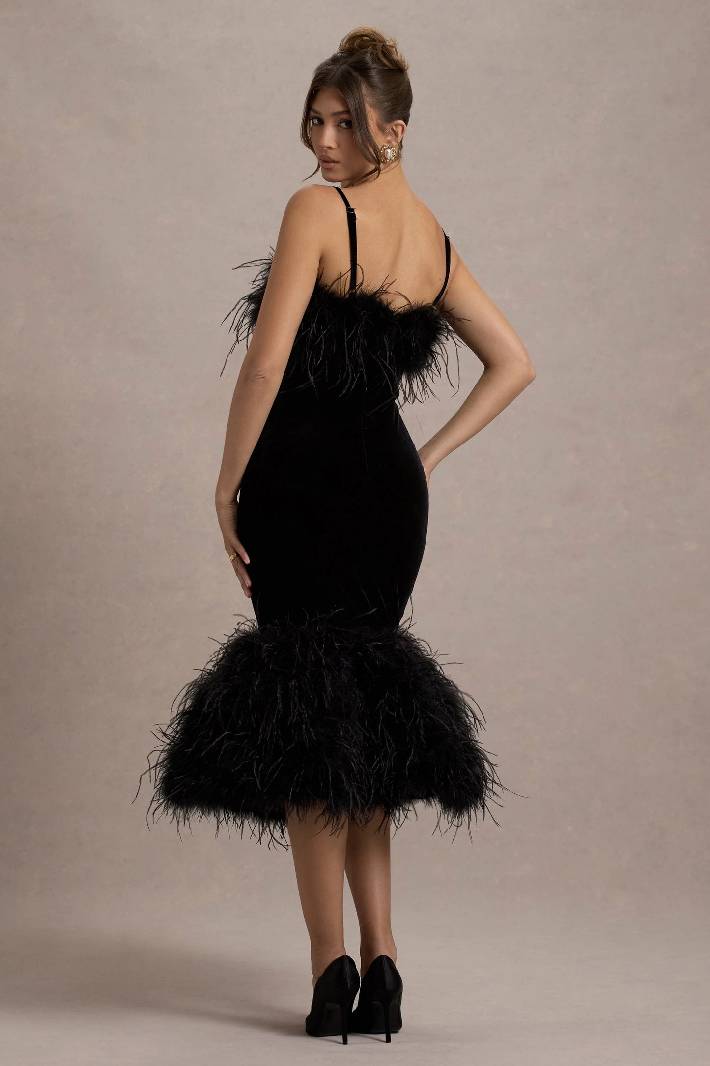 Kalena Black Velvet Feather Trim Midi Dress