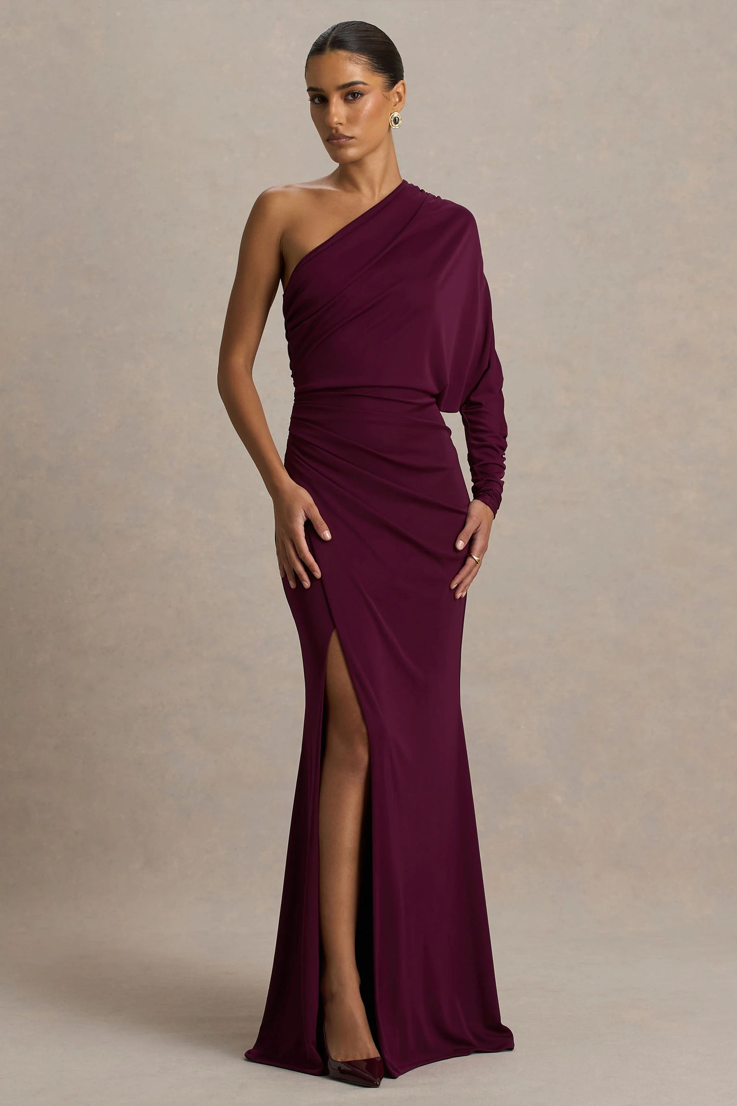 Lola Burgundy Asymmetric-Neck Maxi Dress With Ruched Detailing And Front High-Split