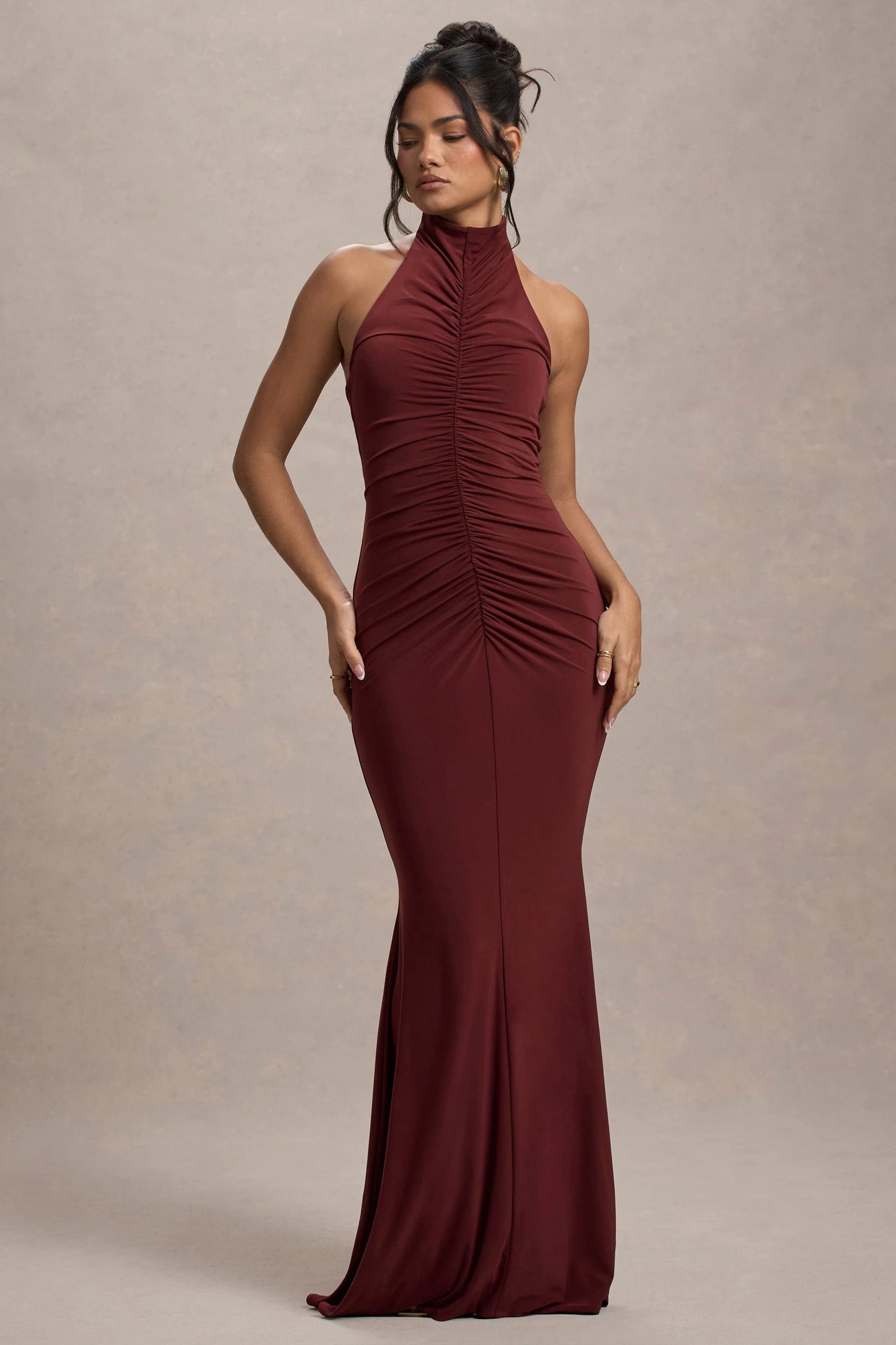 Arietta Port High-Neck Ruched Fishtail Maxi Dress