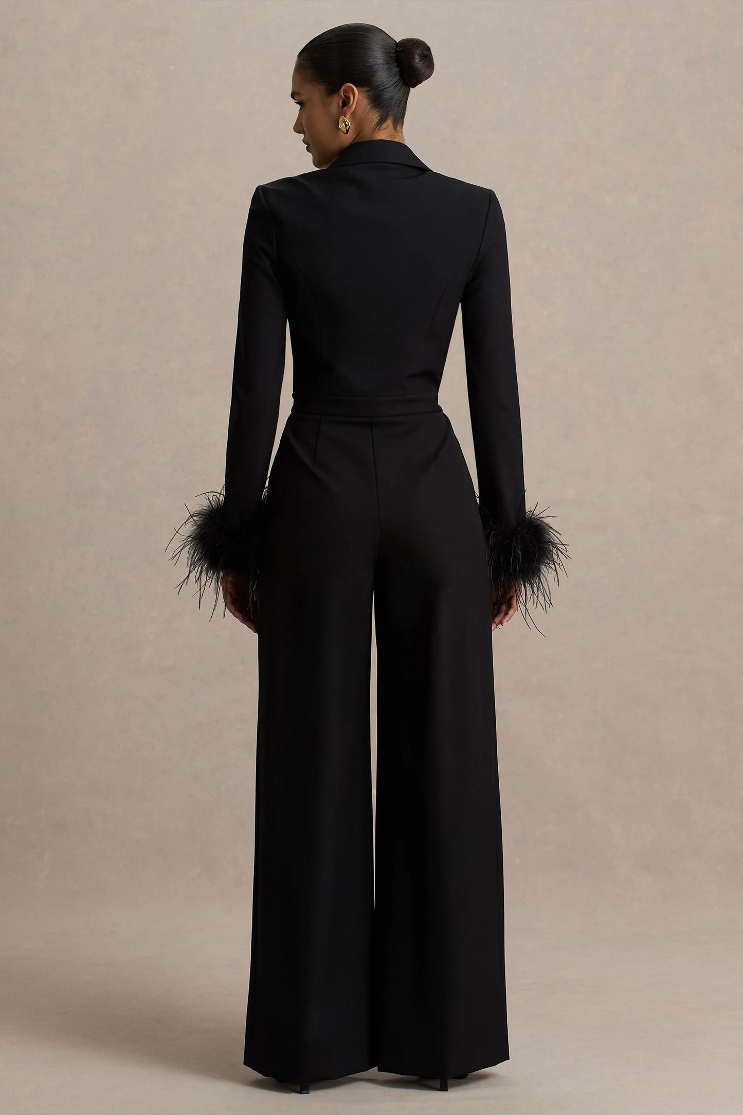 Lissy Black Plunge-Neck Jumpsuit With Feather-Detailed Sleeves