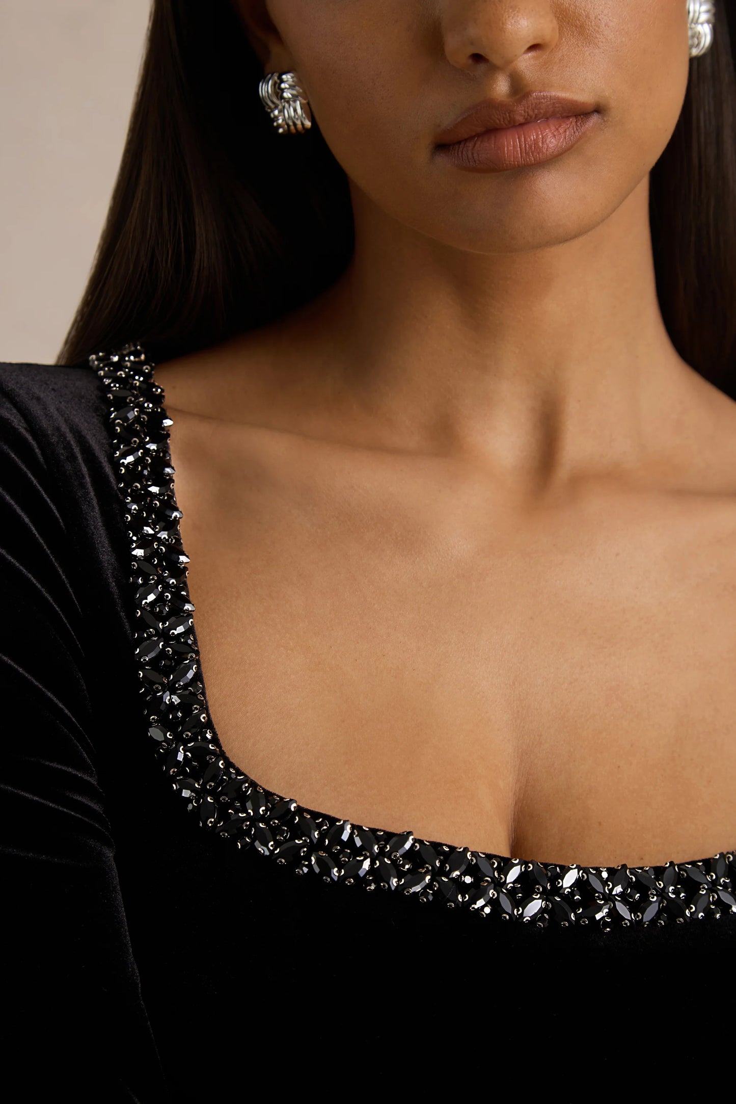 Beloved Black Velvet Embellished Square-Neck Mini Dress