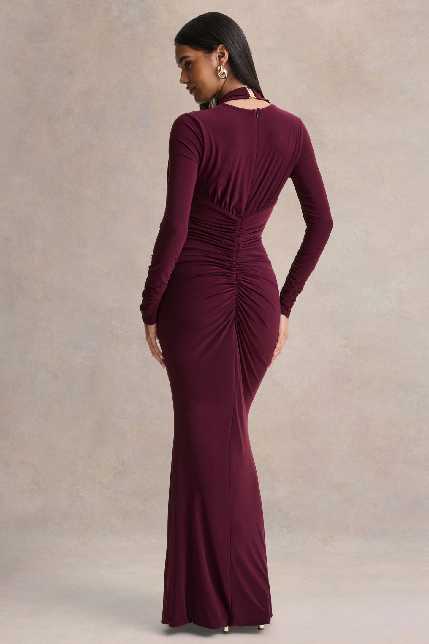 Tami Plum Plunge-Neck Long Sleeve Maxi Dress