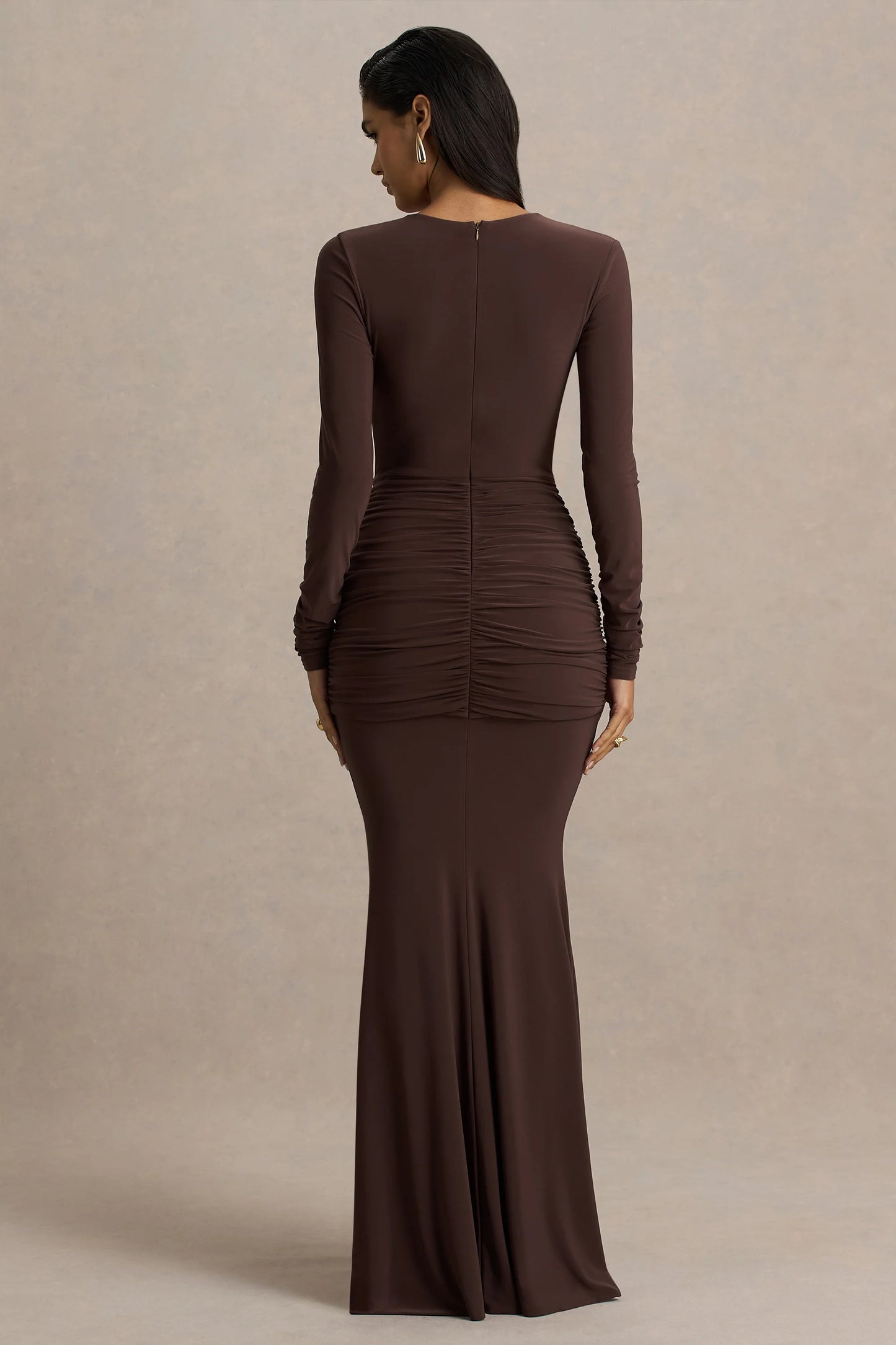 Saffie Chocolate Extreme-Plunge Wrap Maxi Dress With Long-Sleeves And Ruched Detailing