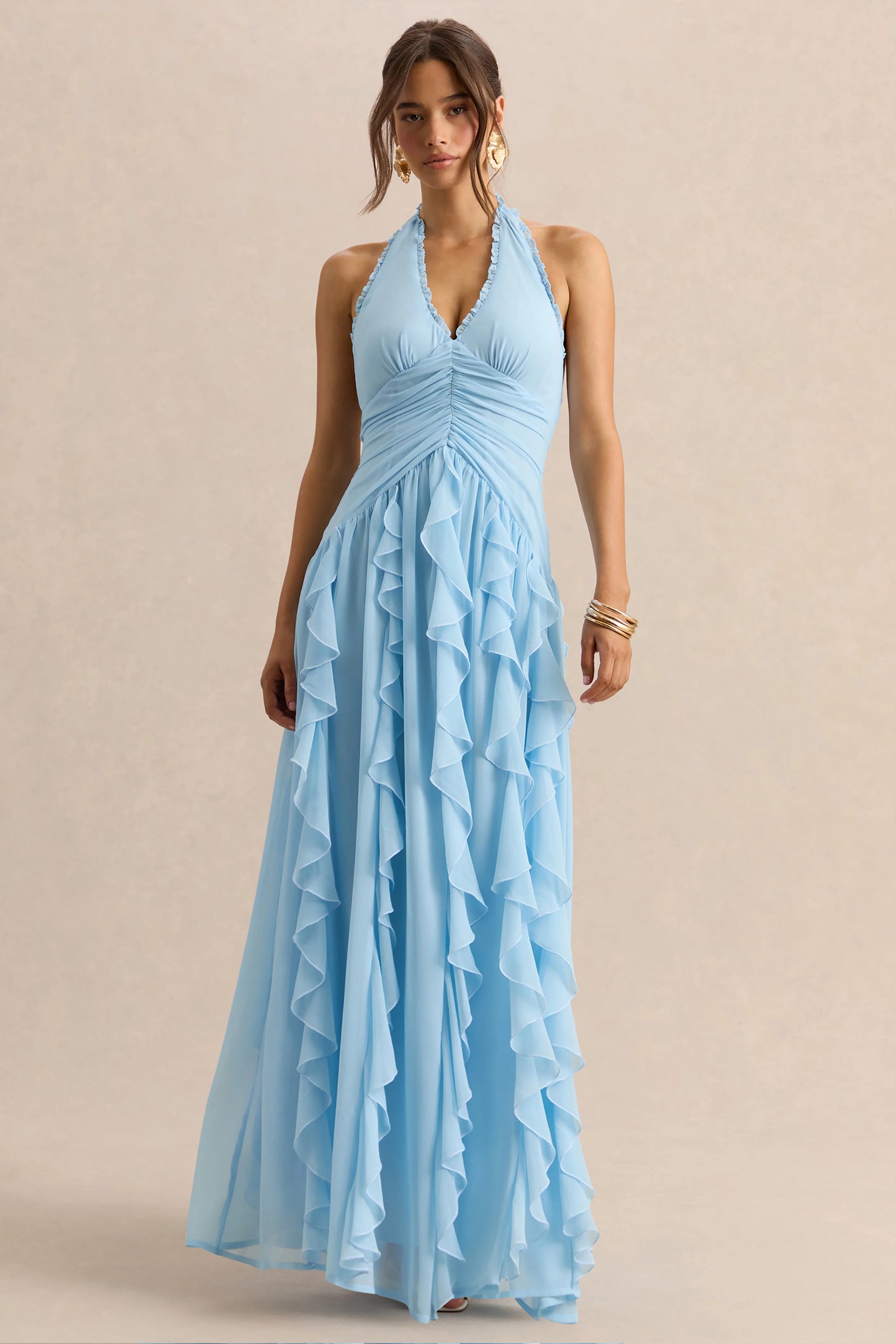 Bea Powder Blue Plunge-Neck Ruffled Maxi Dress