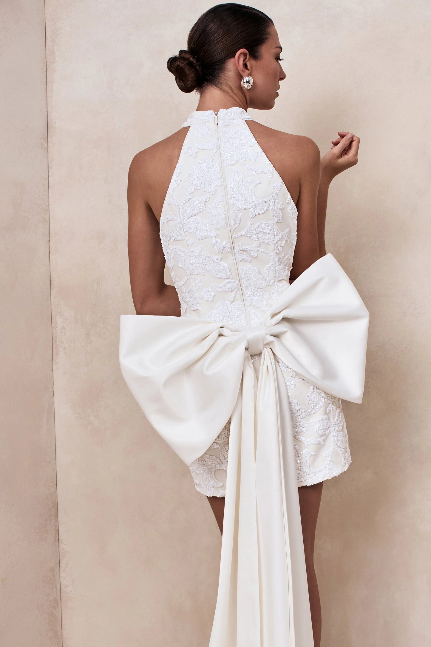 Dreamer White Lace Halter-Neck Mini Dress With Oversized Bow Detail