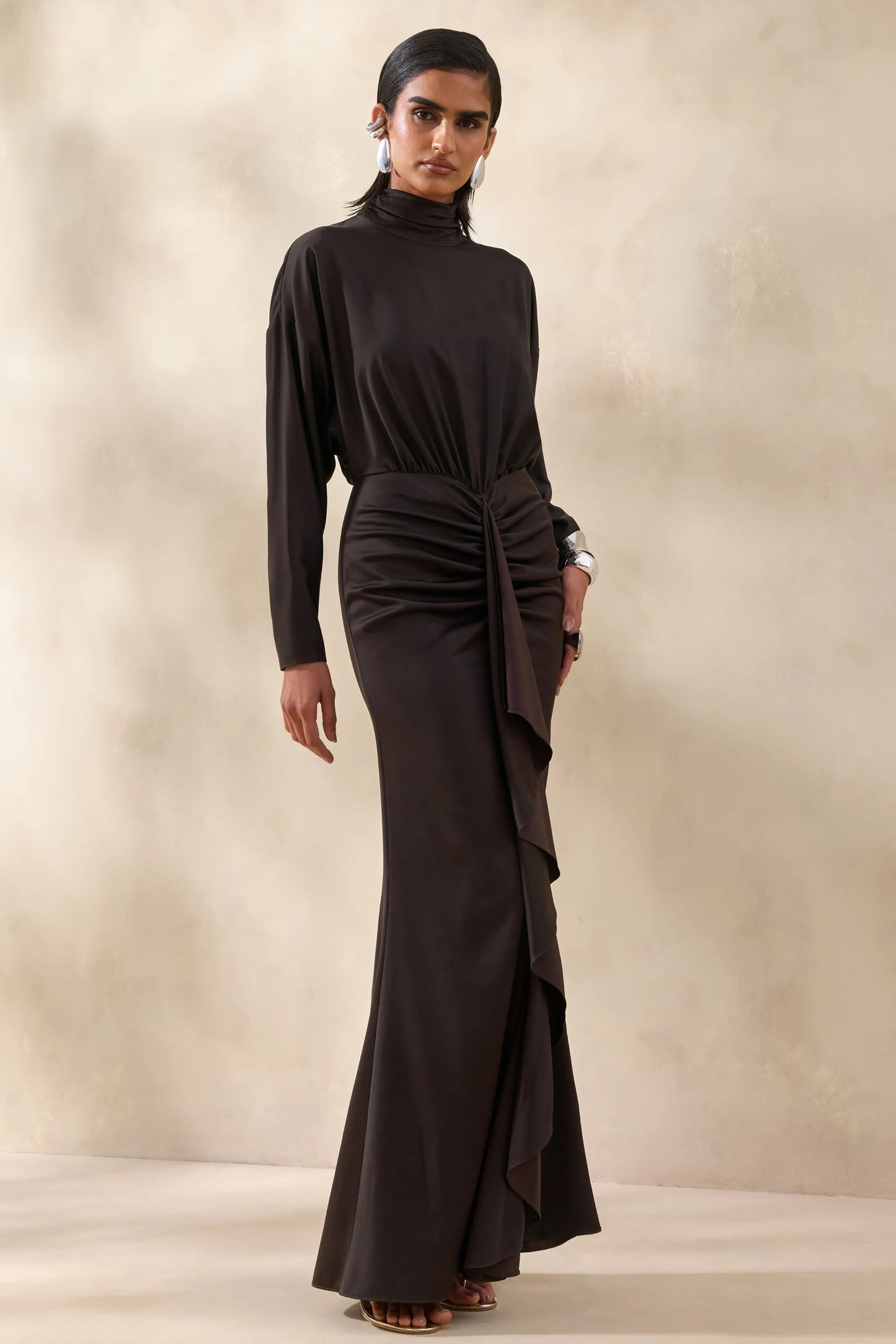 Perla Dark Brown High-Neck Maxi Dress With Gathered-Detailing