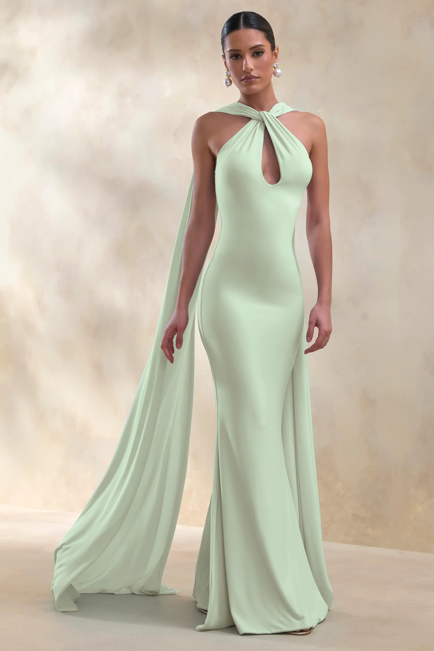 Rhoda Mint Twist Halter-Neck Cape Maxi Dress