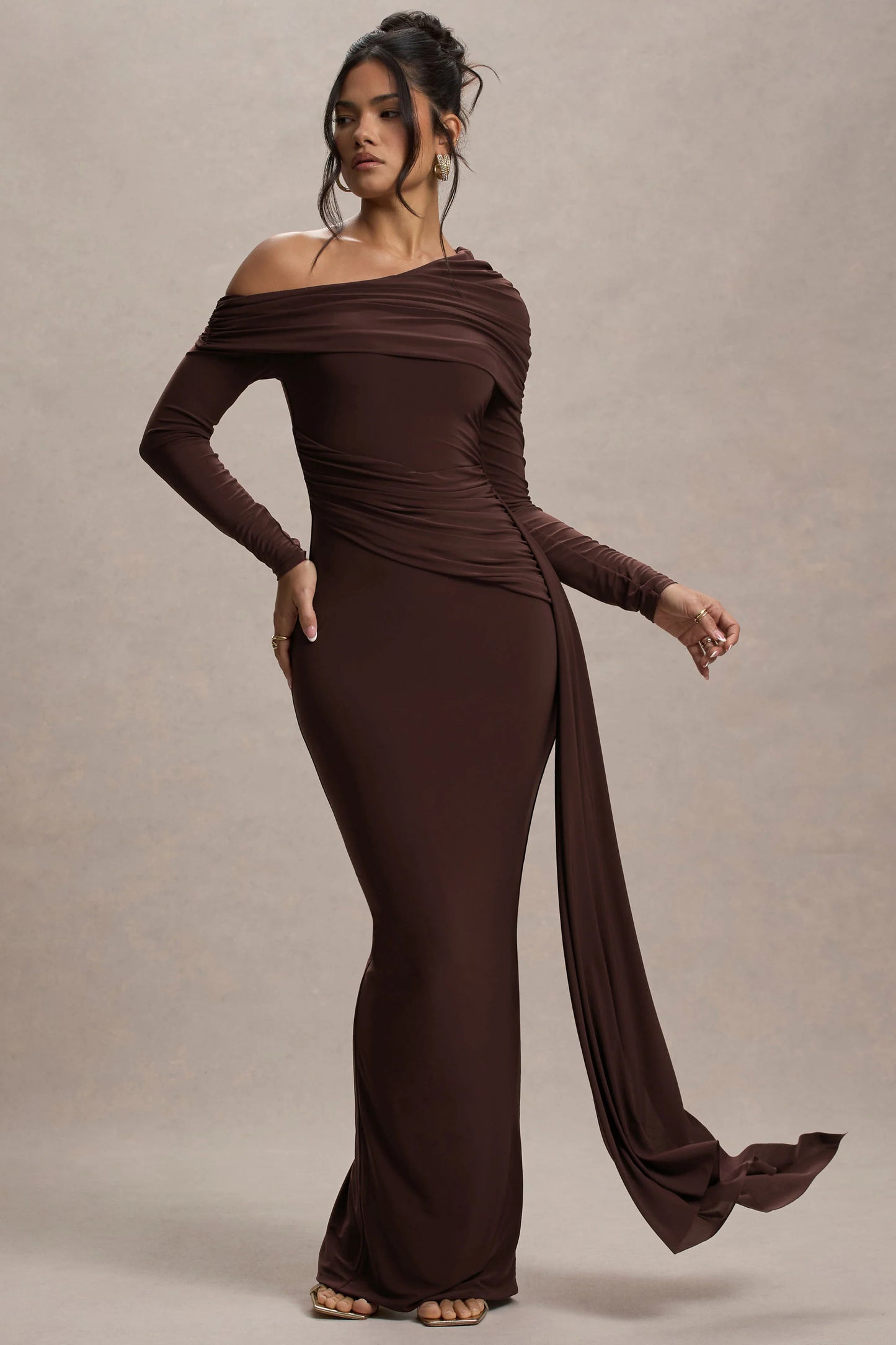 Valina Brown Ruched Asymmetric Maxi Dress With Drape
