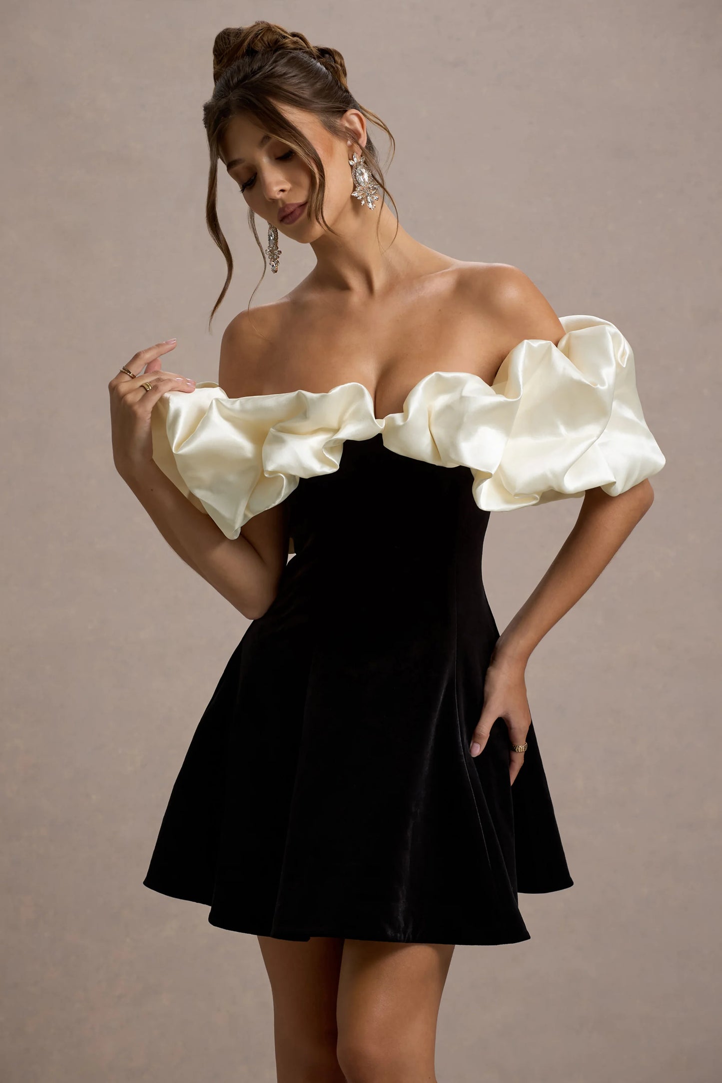 Brynne Black & Cream Velvet Mini Dress With Satin Puff Sleeves