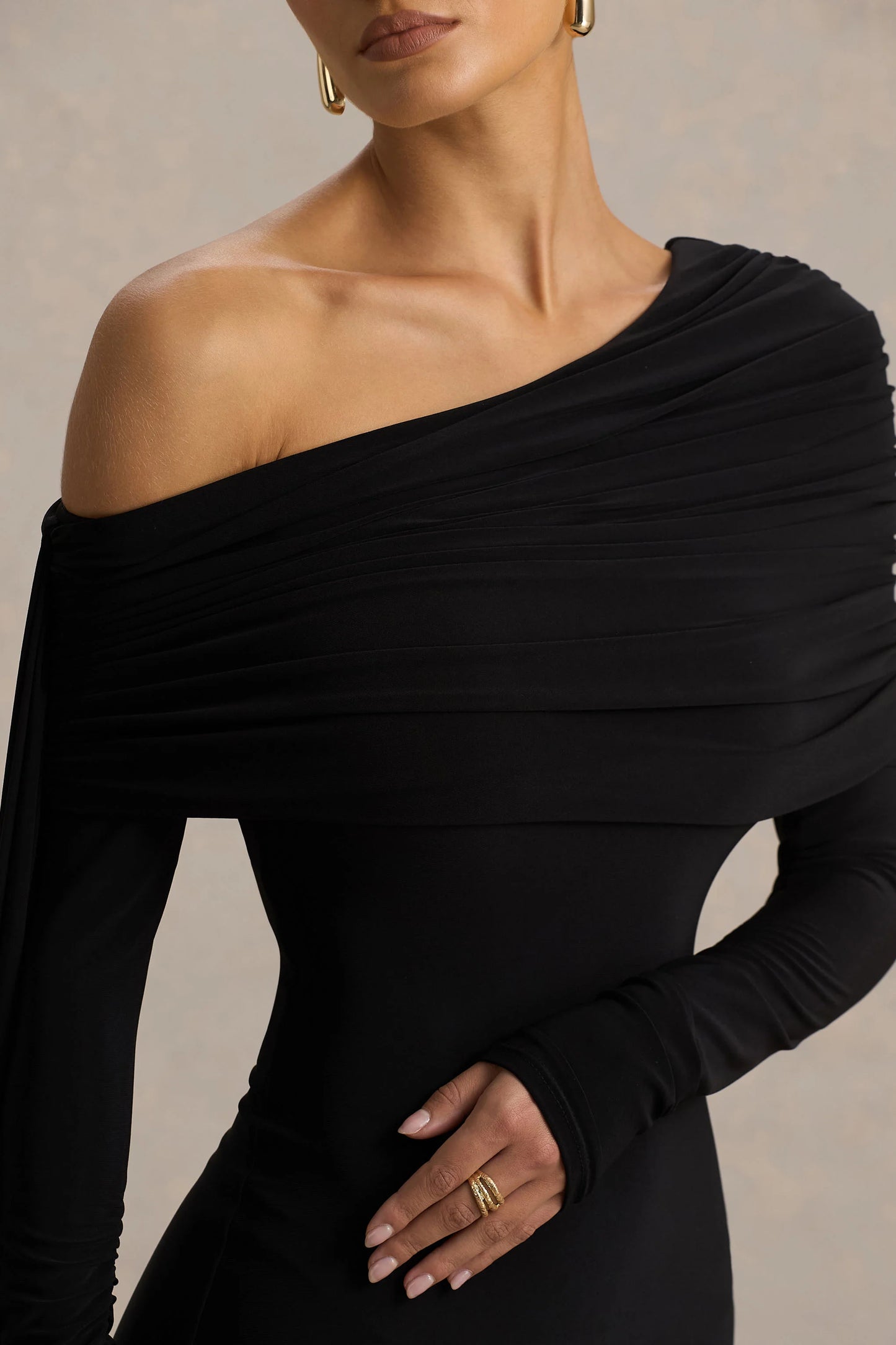 Octavia Black Bardot-Neck Maxi Dress With Cape And Ruched Detailing