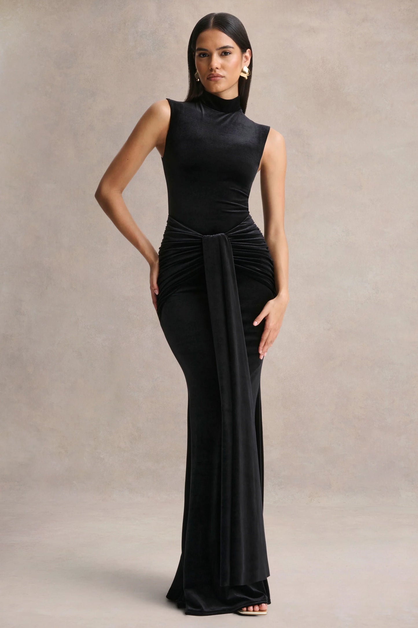 Idalina Black Velvet High-Neck Maxi Dress With Gathered-Detailing