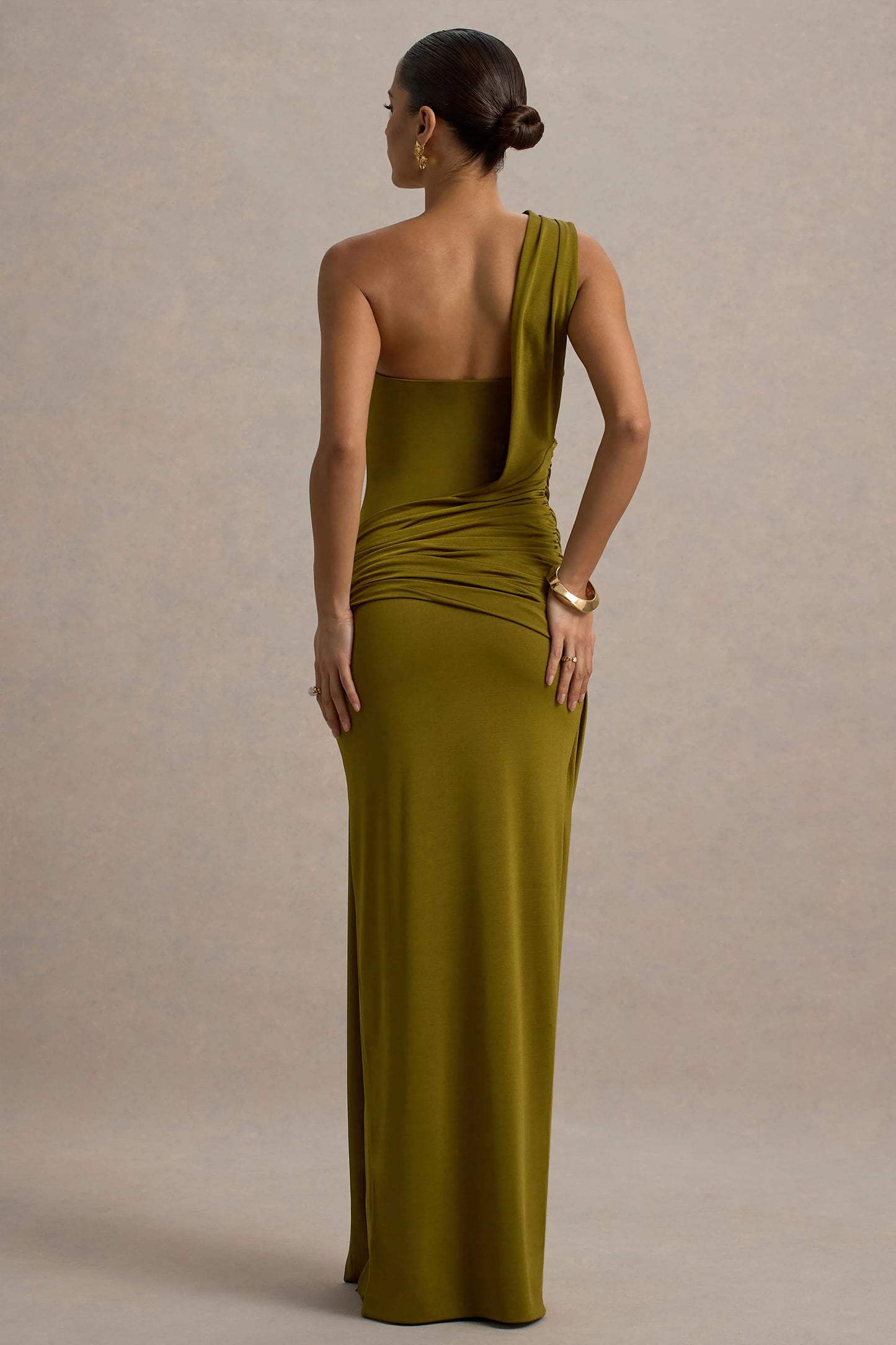 Erminia Olive Green One-Shoulder Twist Wrap Maxi Dress