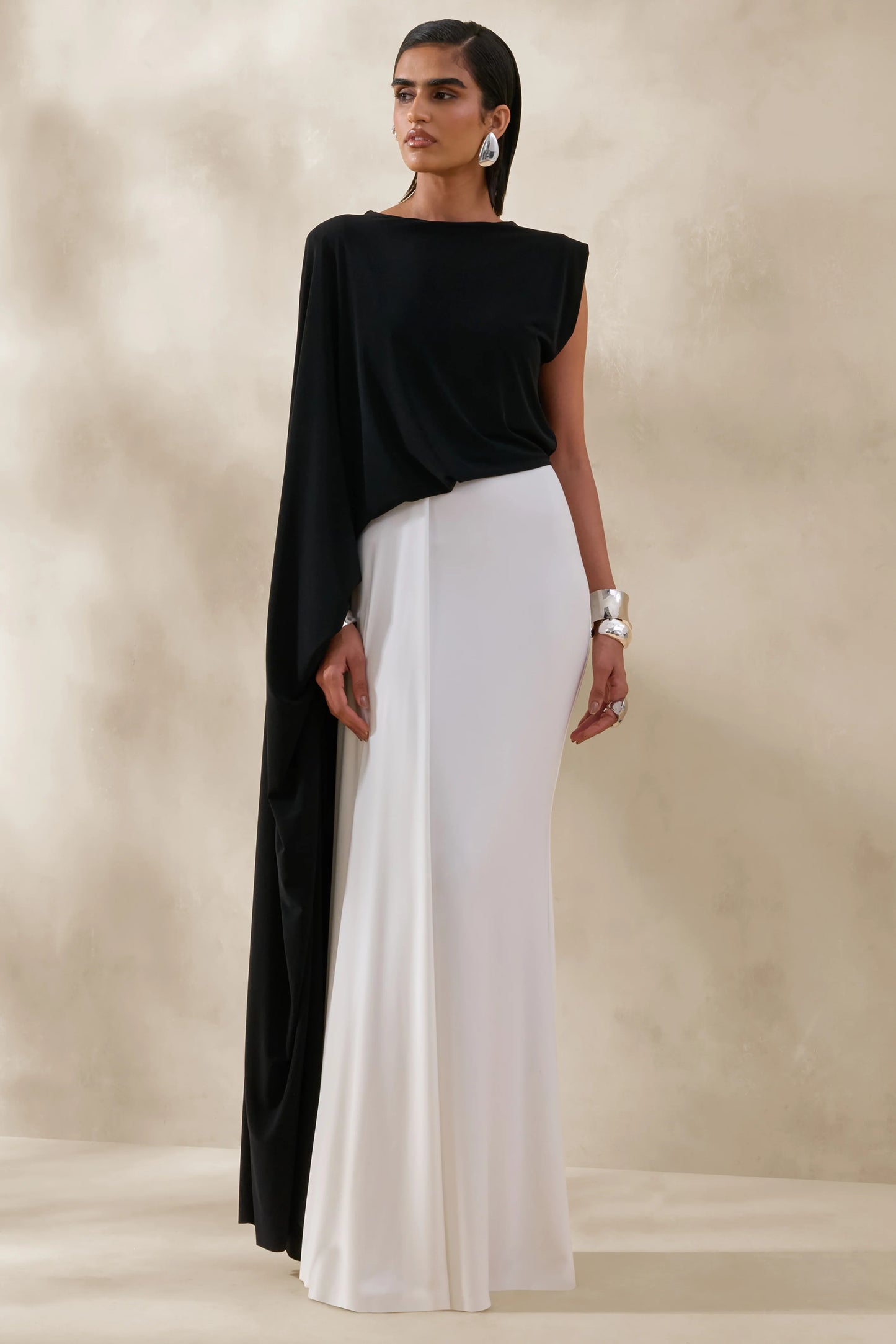 Carenza Black & White Wide-Neck Maxi Dress With Cape-Sleeve