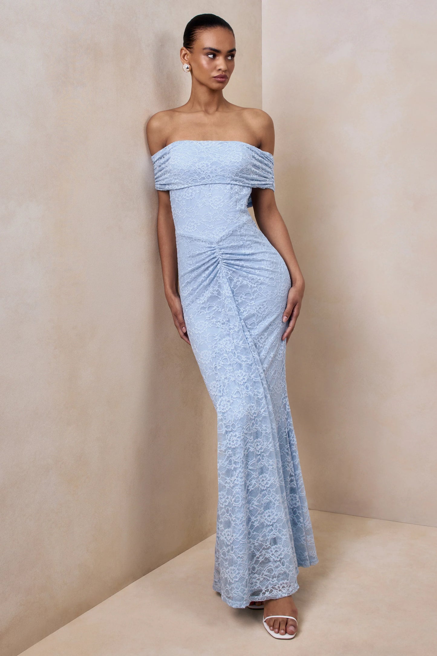 Elinor Powder Blue Lace Bardot-Neck Maxi Dress With Gathered-Detailing