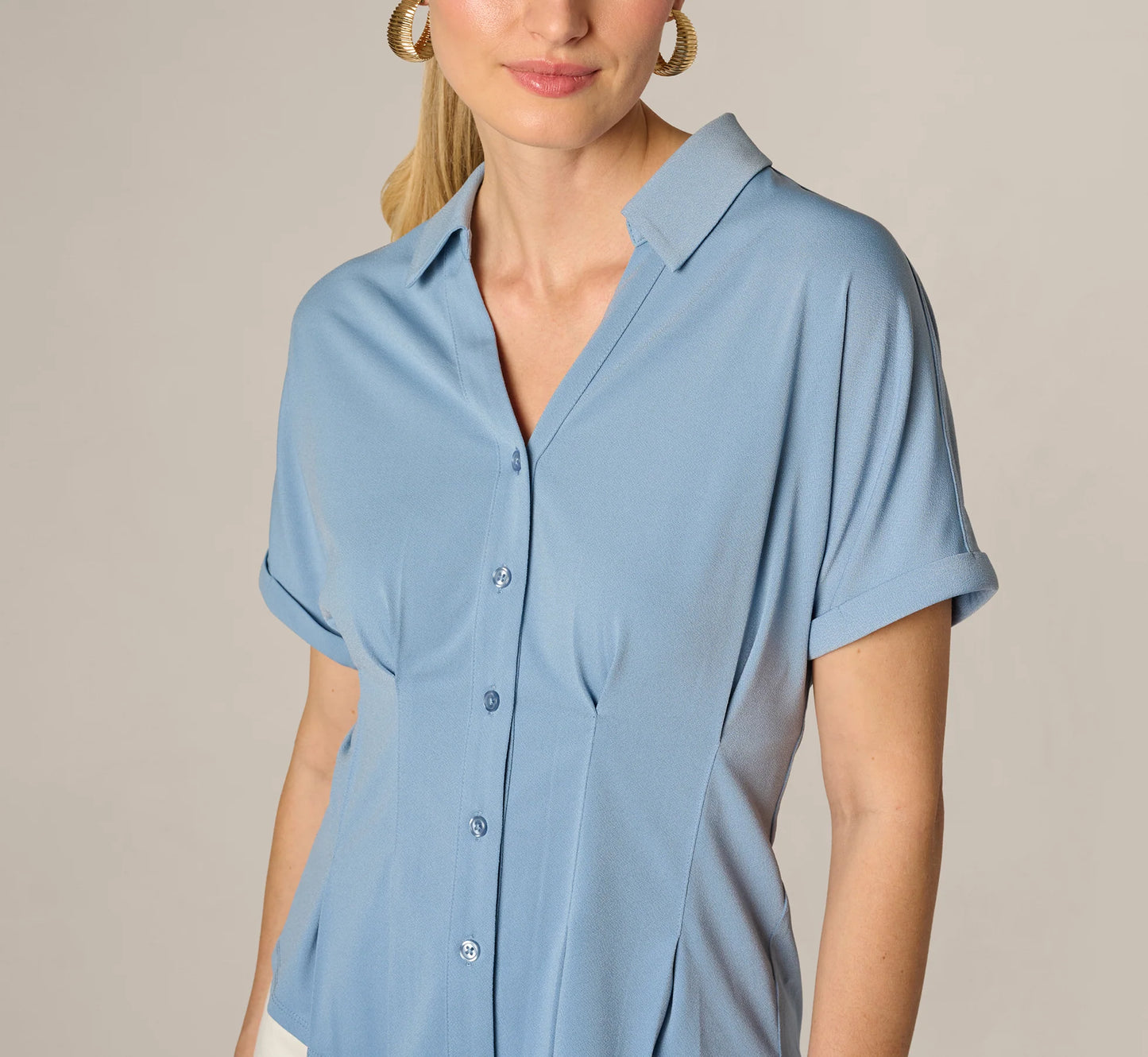 Short Sleeve Pleated Waist Blouse In Rain Washed