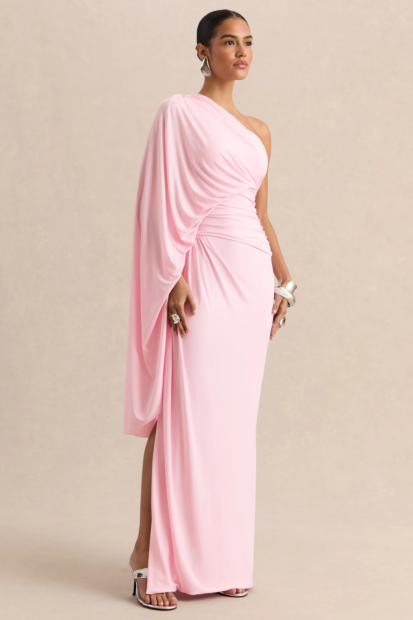 Sabella Pink Asymmetric-Neck Maxi Dress