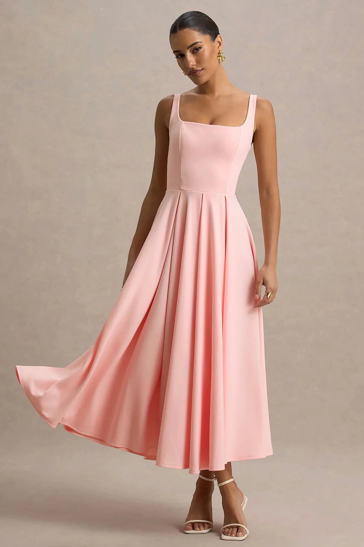 Parina Pink Strappy Volume-Hem Midi Dress