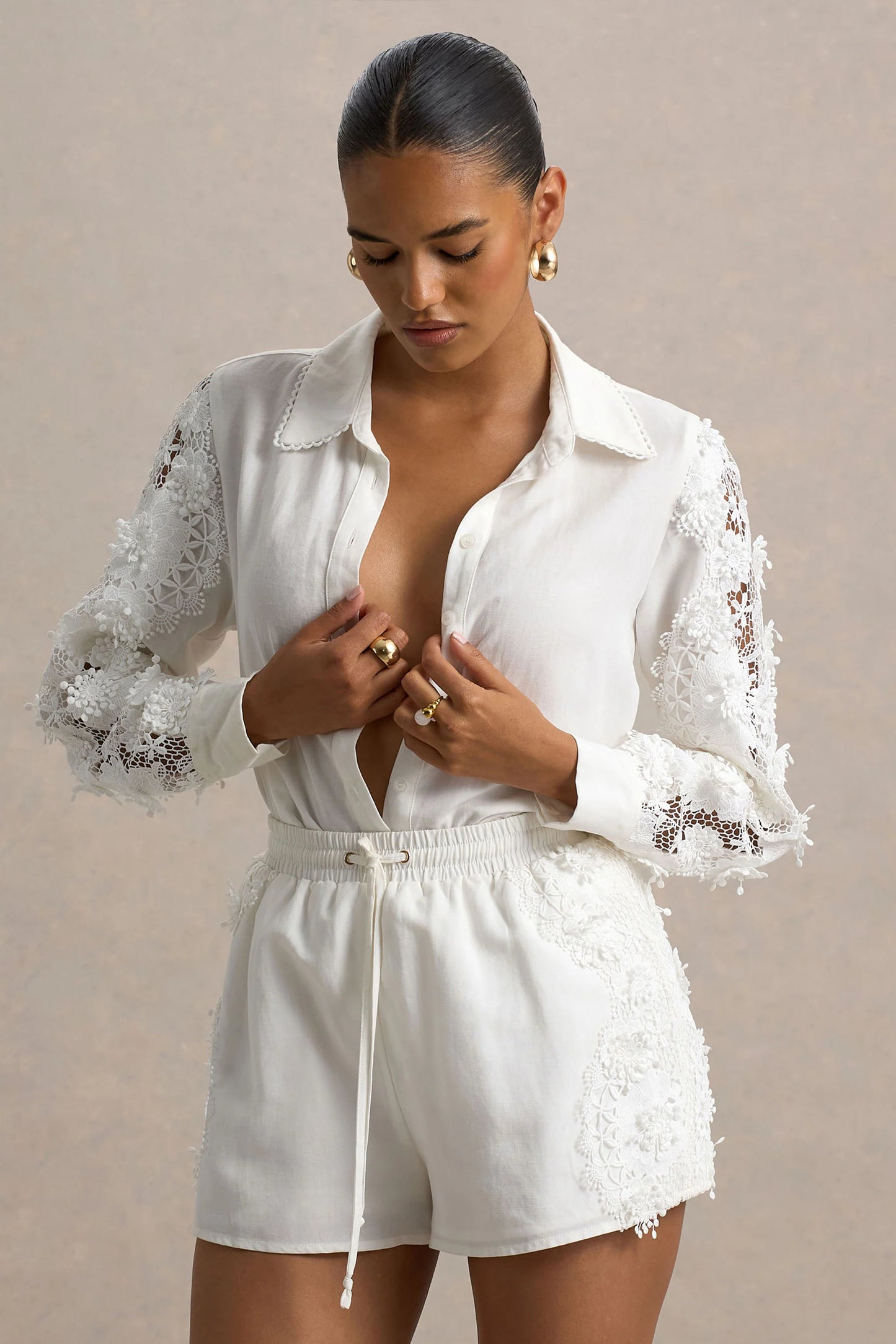 Coconut Ecru Button-Up Shirt With Lace Detail