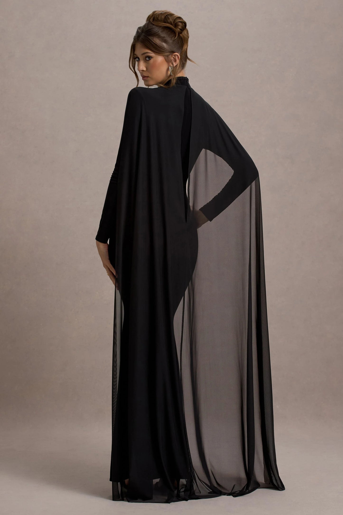 La Nuit Black High-Neck Long-Sleeve Maxi Dress With Cape