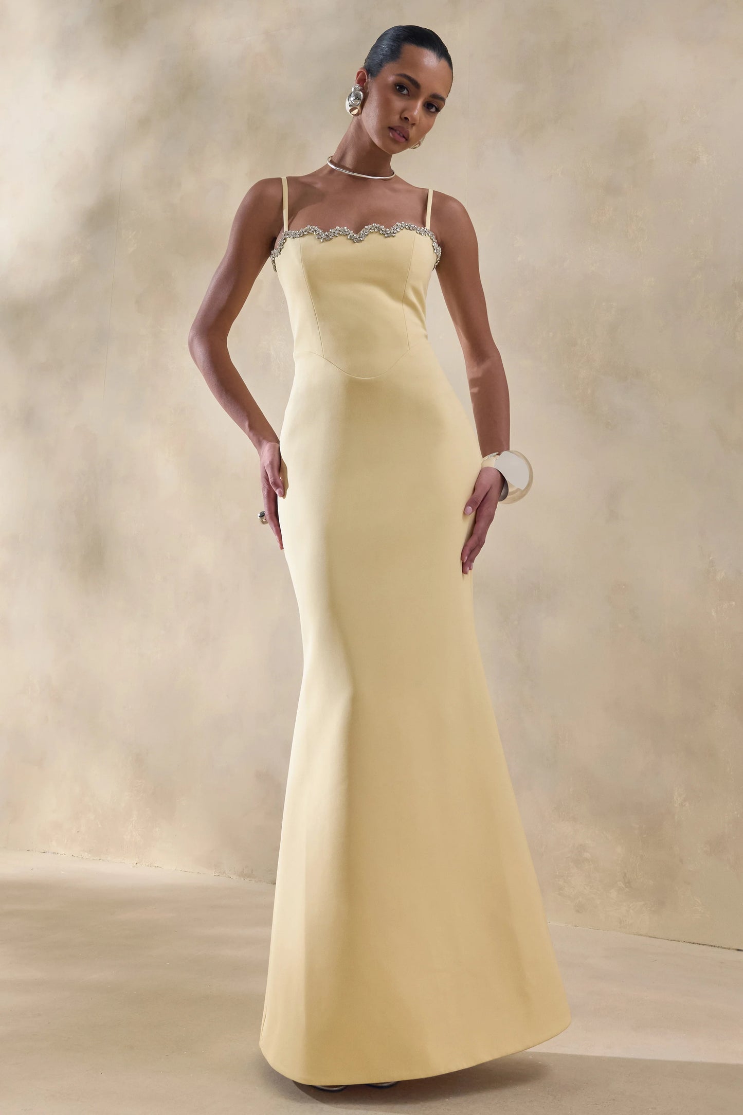 Story Lemon Scalloped Sweetheart-Neck Maxi Dress With Embellished-Detailing