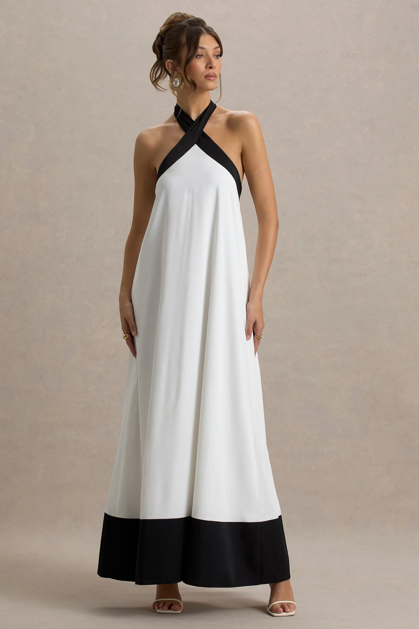Clarabella White & Black Halter-Neck Maxi Dress
