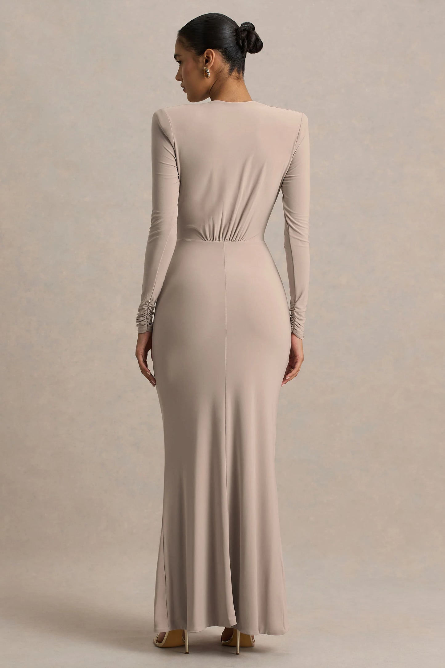 Flashy Champagne Plunge-Neck Maxi Dress With Ruched Detailing