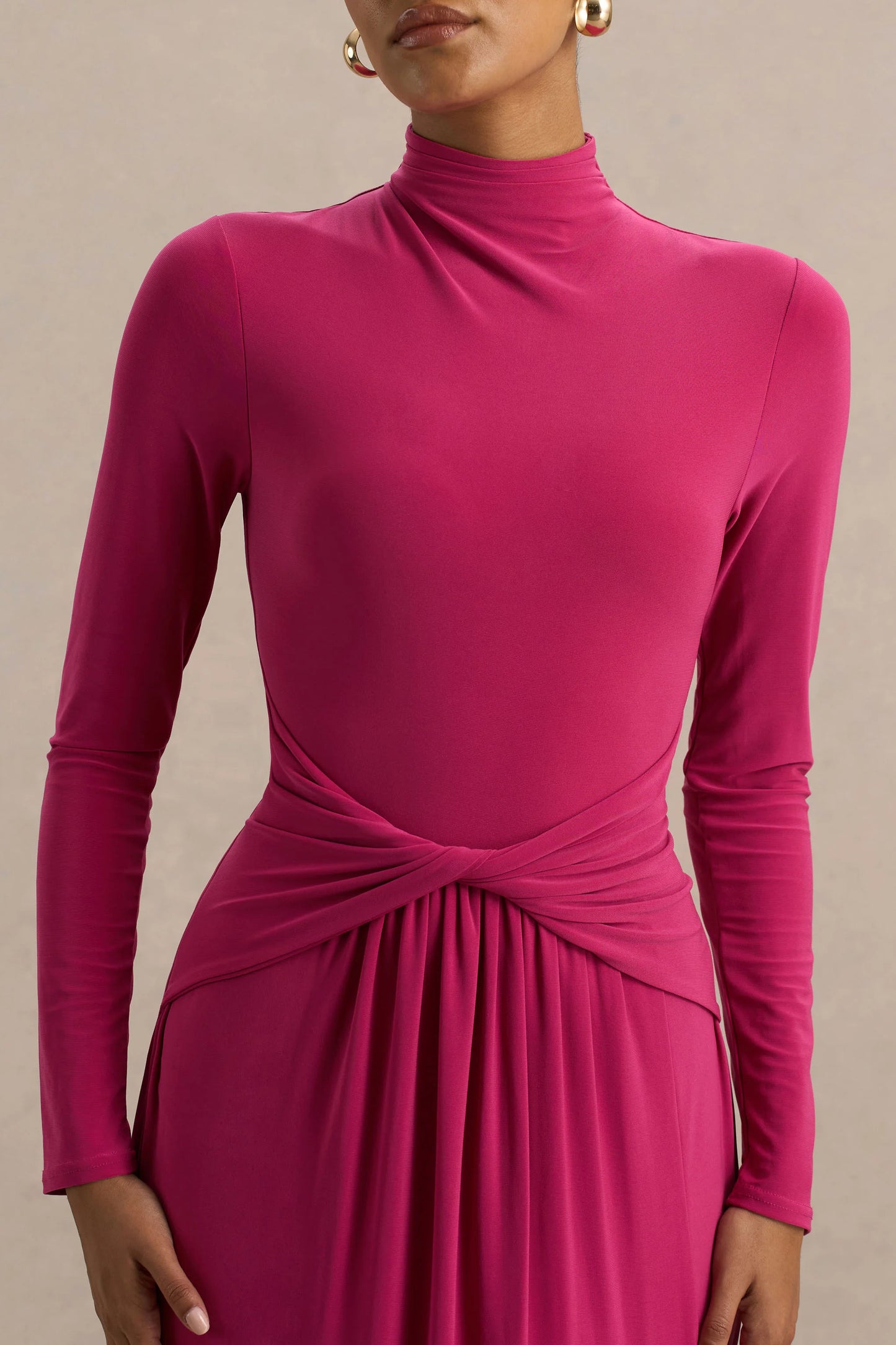 Hourglass Hot Pink Long-Sleeve Twisted Maxi Dress With Split