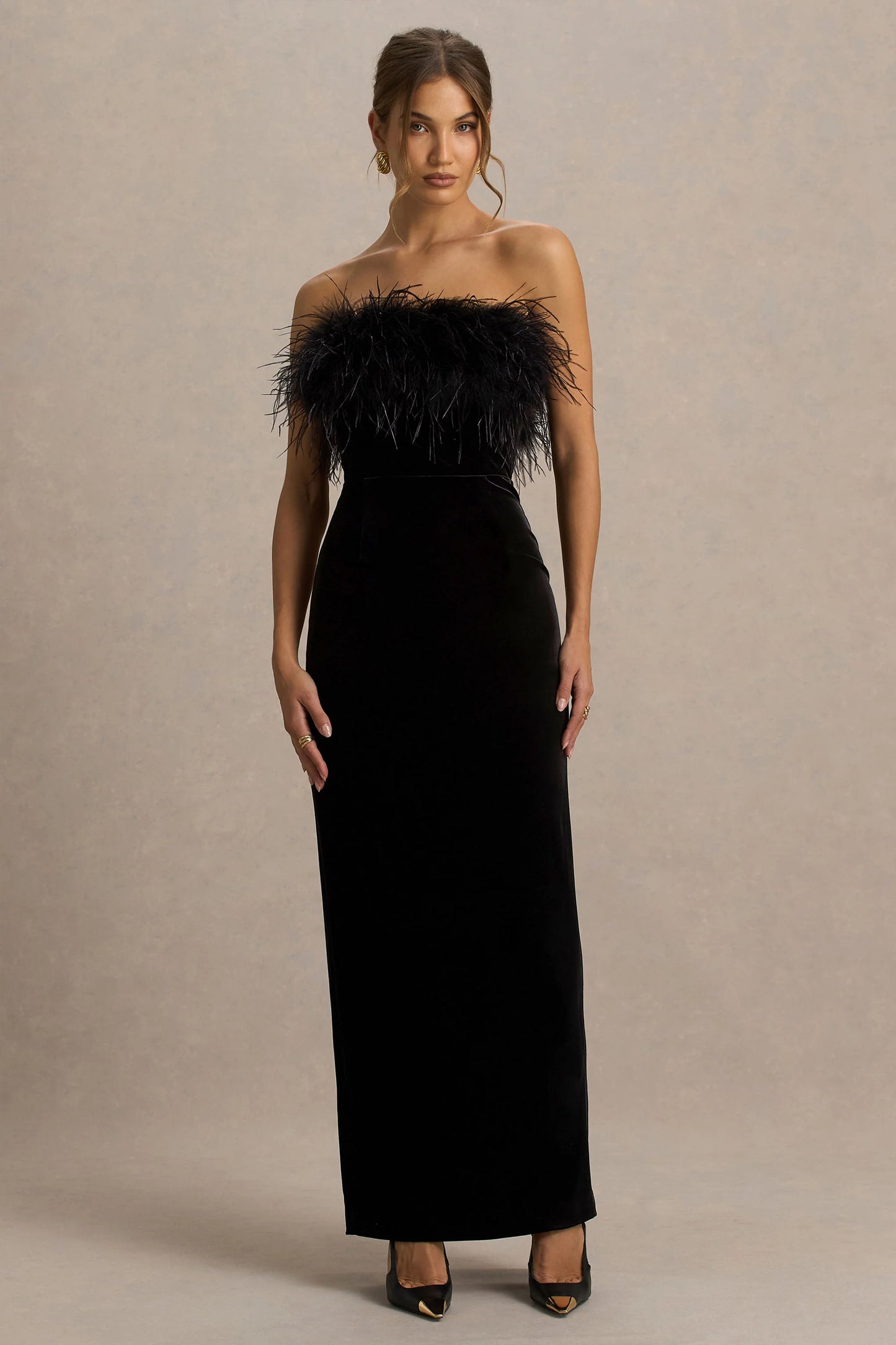 Arella Black Velvet Bandeau Maxi Dress With Feather Trim
