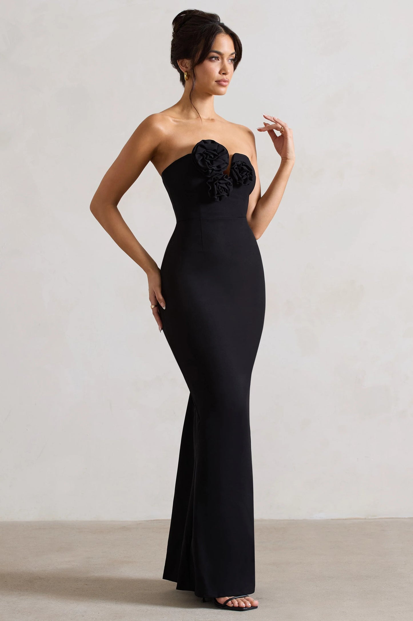 Enticed Black Strapless V-Neck Maxi Dress With Flowers