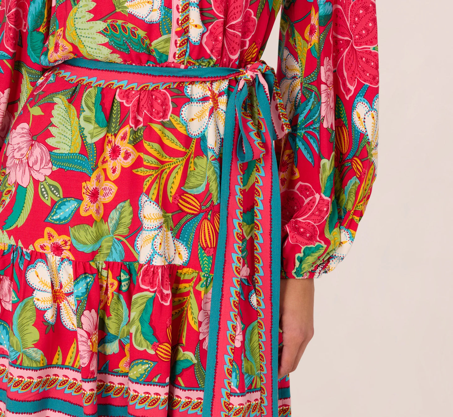 Bishop Sleeve Tropical Floral Short Dress In Red Multi