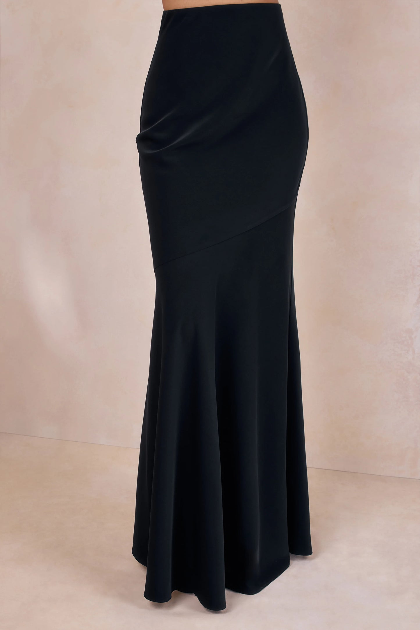 Vayla Black Matte Satin Asymmetric Drop-Waist Maxi Skirt