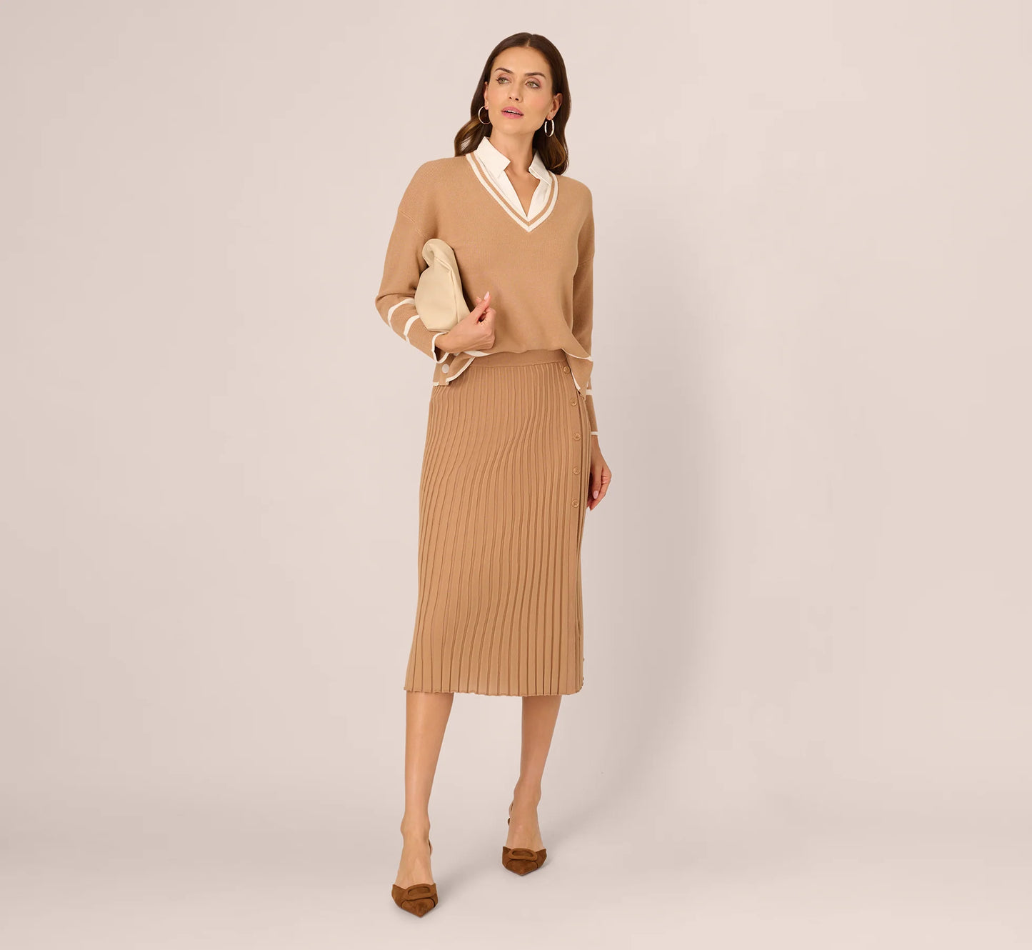 Long Sleeve Drop Shoulder Twofer Sweater In Golden Camel Ivory