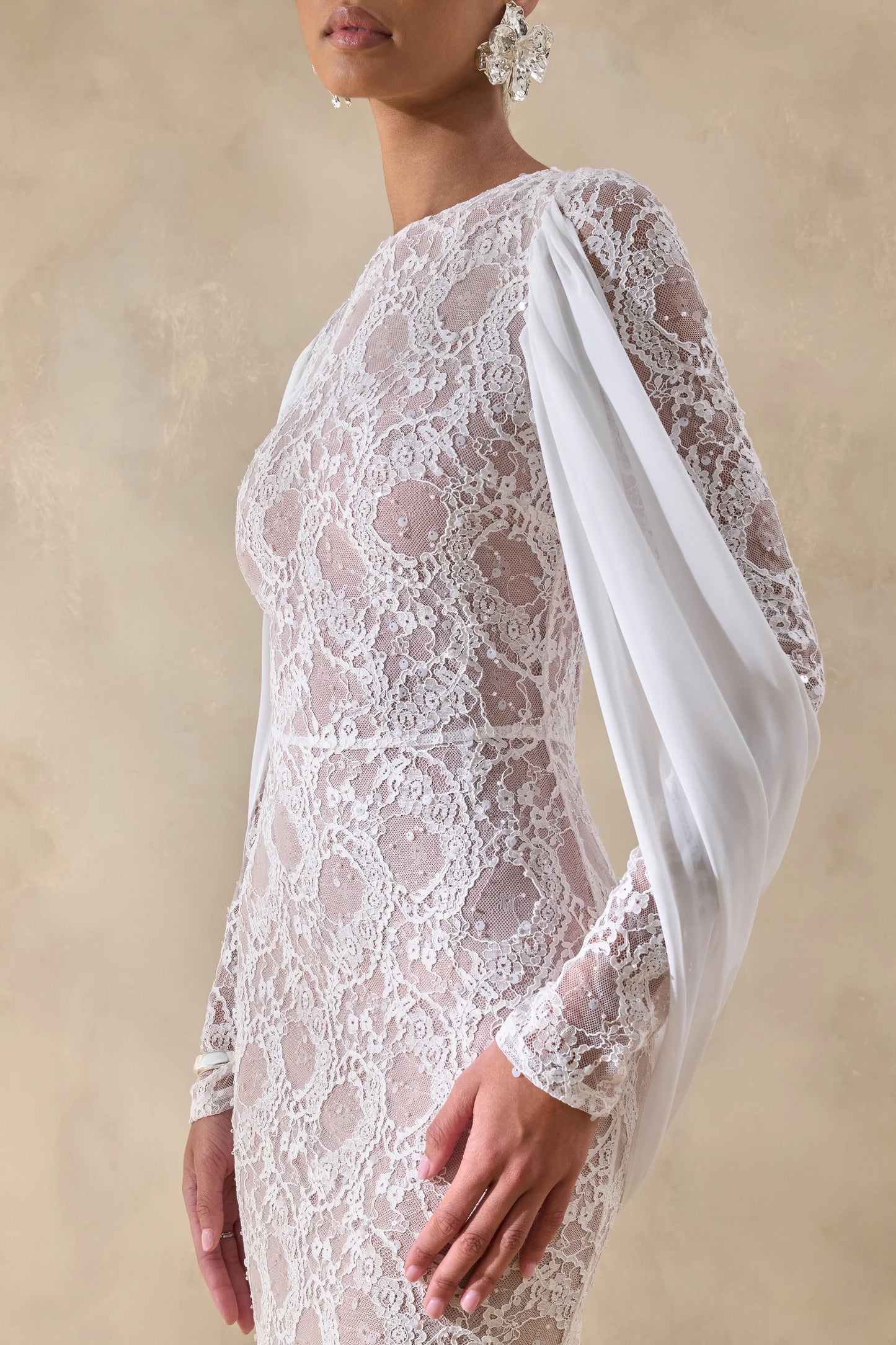 Nabina White Lace Crew-Neck Maxi Dress With Draped Back-Detail