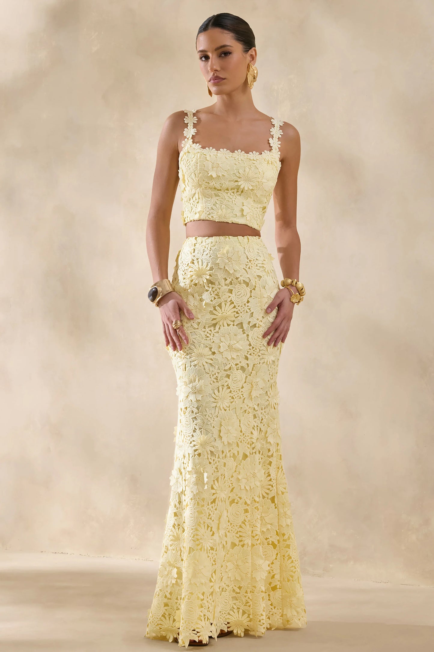 Blythe Lemon Lace Square-Neck Crop-Top