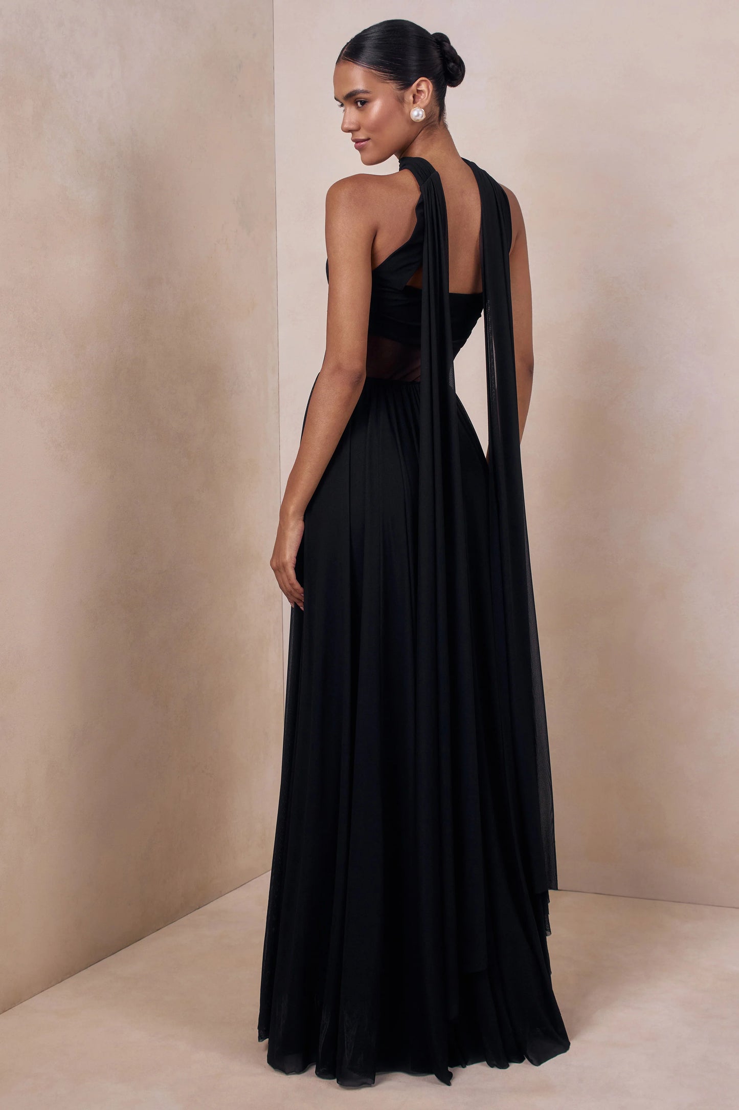 Lyvoria Black Bandeau Maxi Dress With Mesh-Detail And Scarf