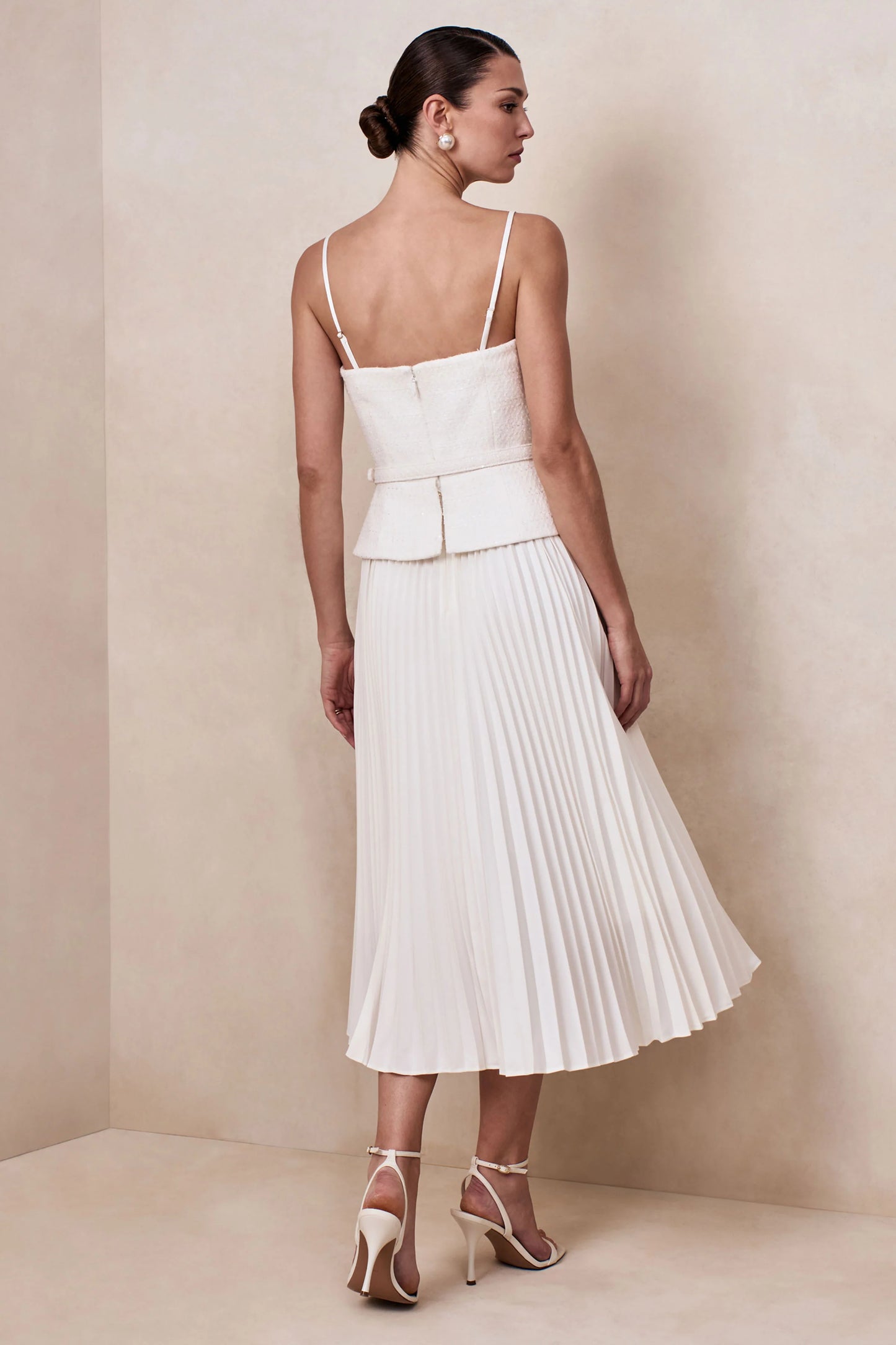 Lizzy Cream Square-Neck Midi Dress With Pleated-Skirt