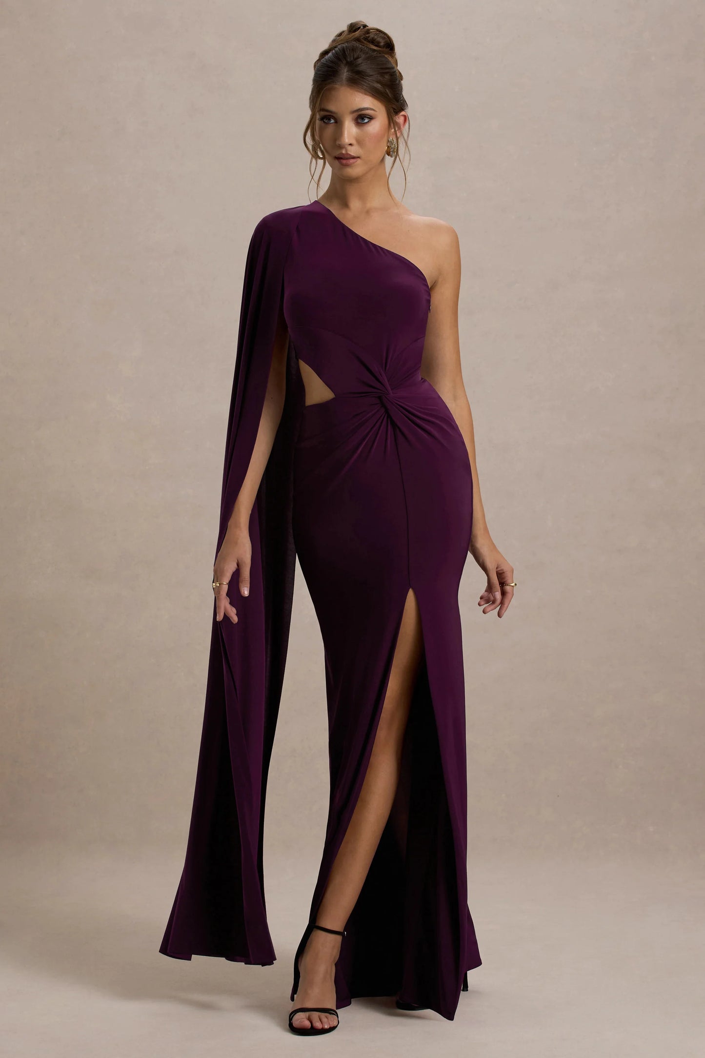 Brona Plum One-Shoulder Cape-Sleeve Split Maxi Dress