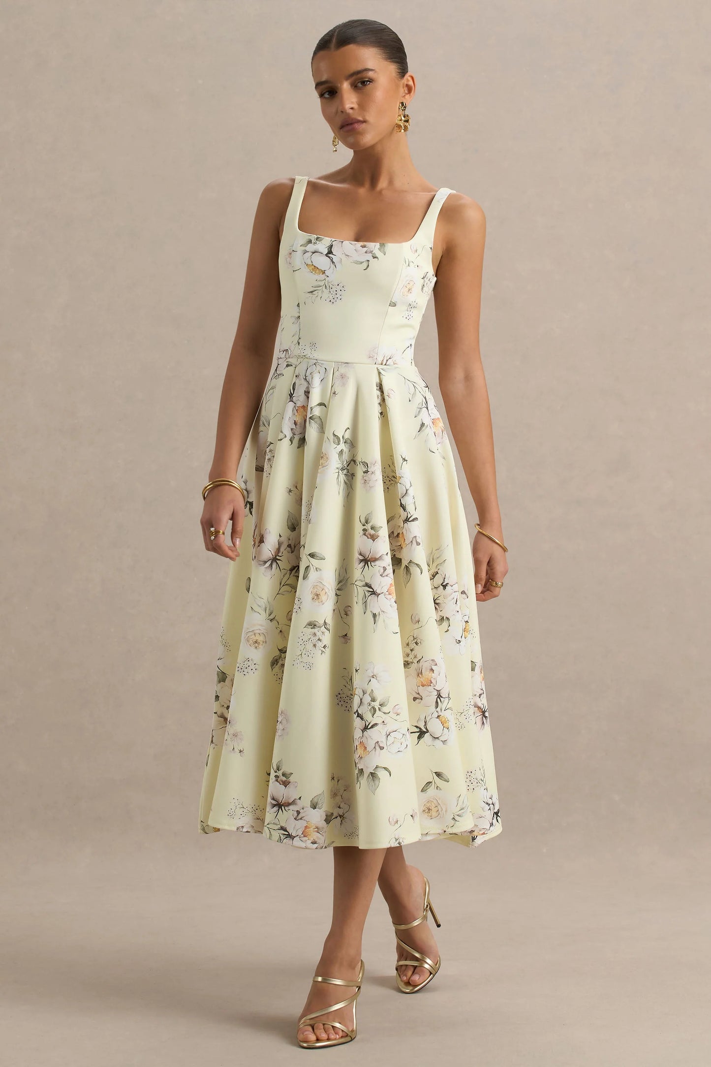Lissa Lemon Floral Bouquet Print Square-Neck Midi Dress